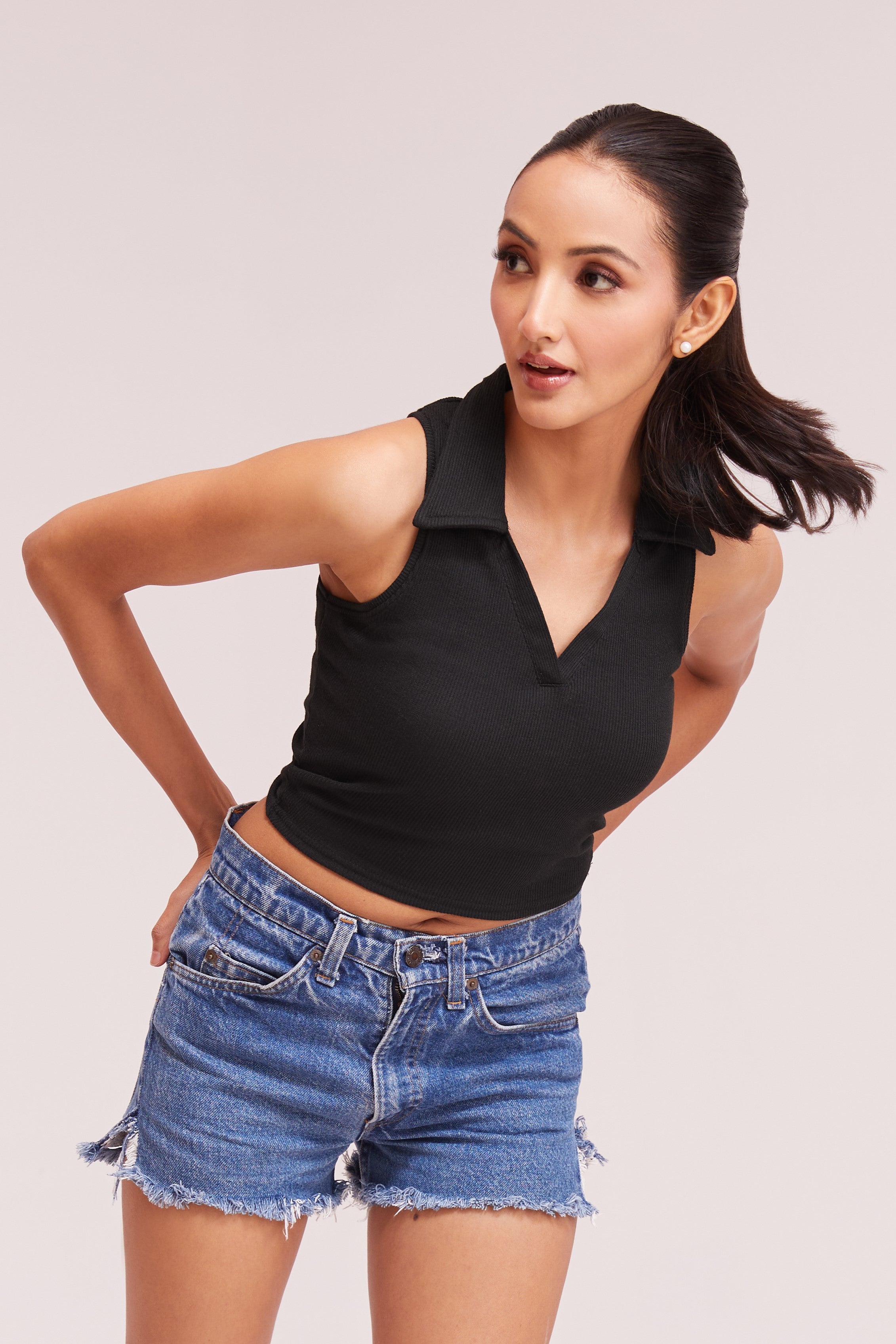 Black-Ribbed Collared Sleeveless Crop Top