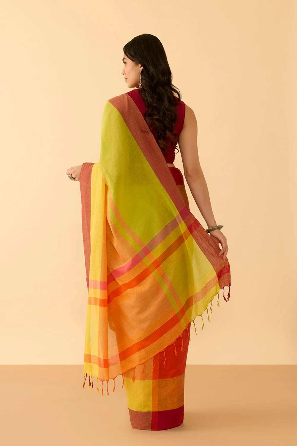 Pastel Pink Linen Saree with Subtle Stripes