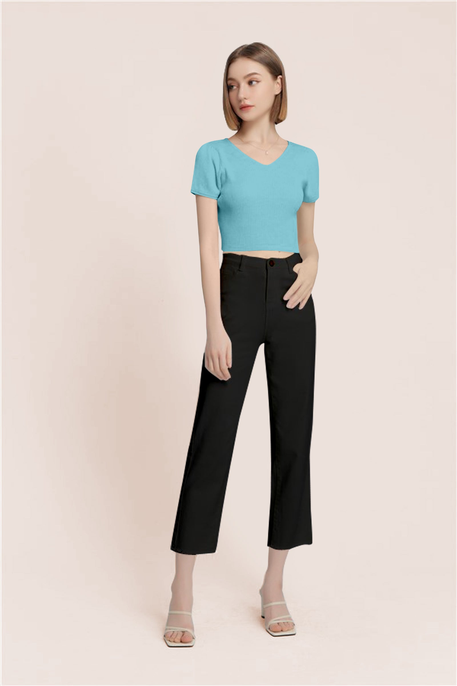 Women’s Ribbed V-Neck Crop Top – Grey