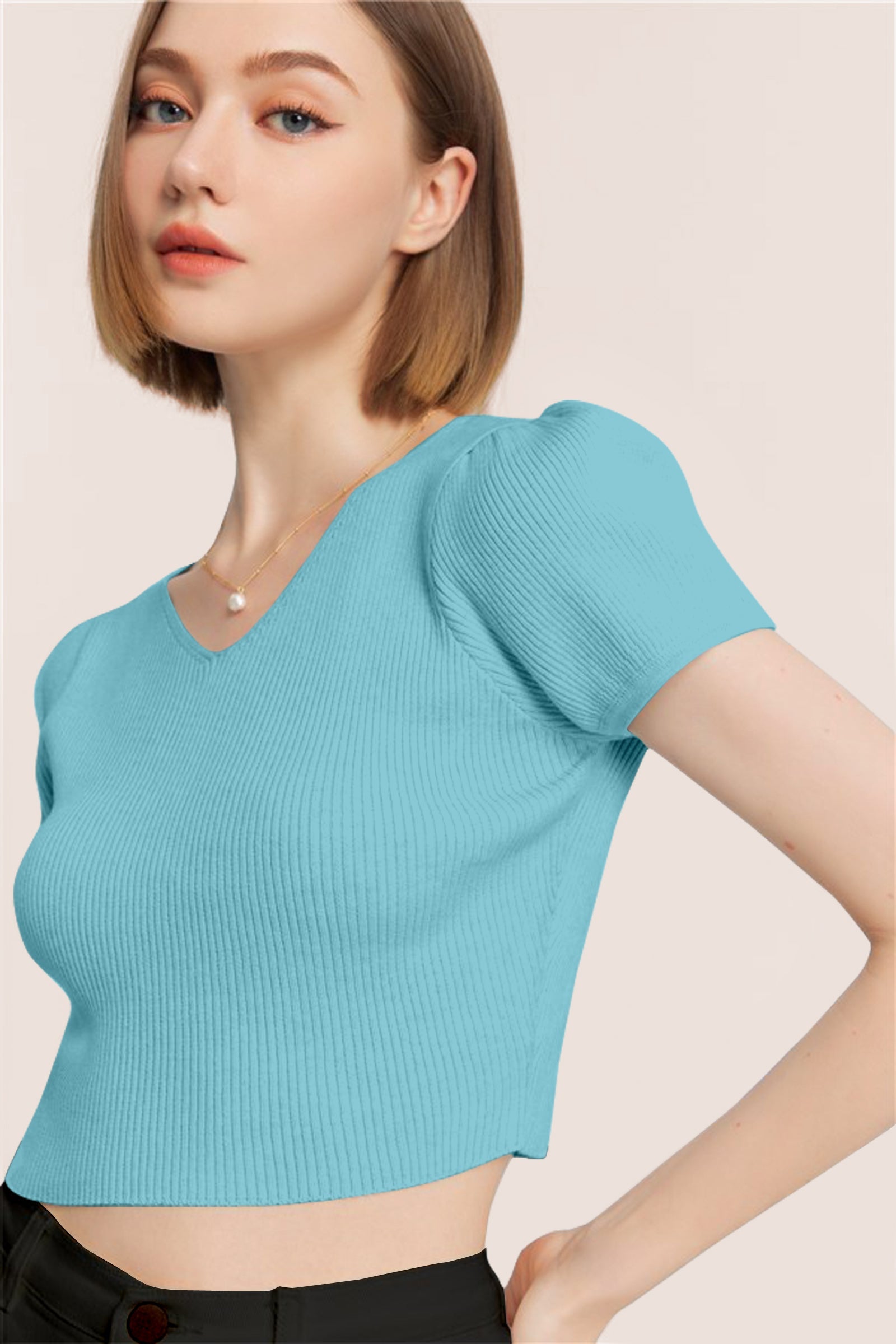 Women’s Ribbed V-Neck Crop Top – Aqua Blue