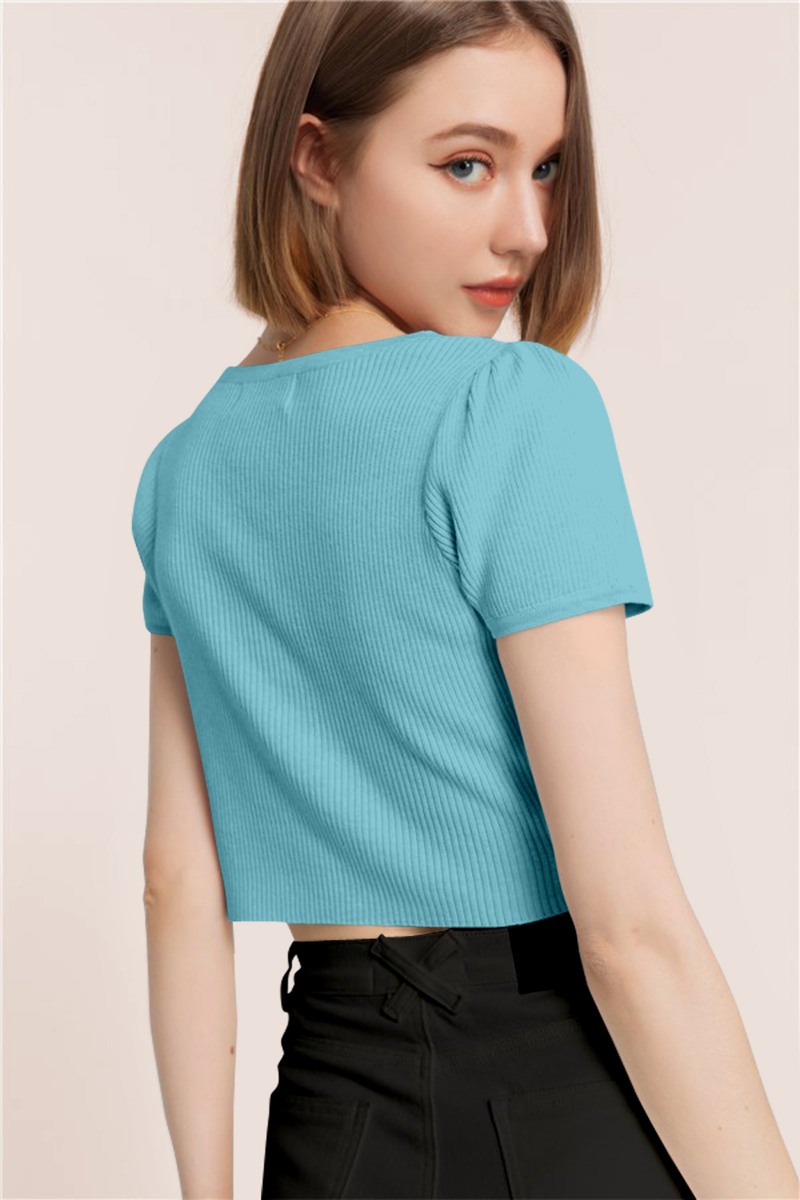 Women’s Ribbed V-Neck Crop Top – Aqua Blue