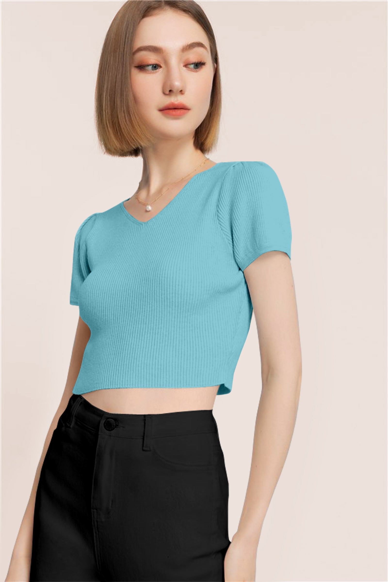 Women’s Ribbed V-Neck Crop Top – Aqua Blue