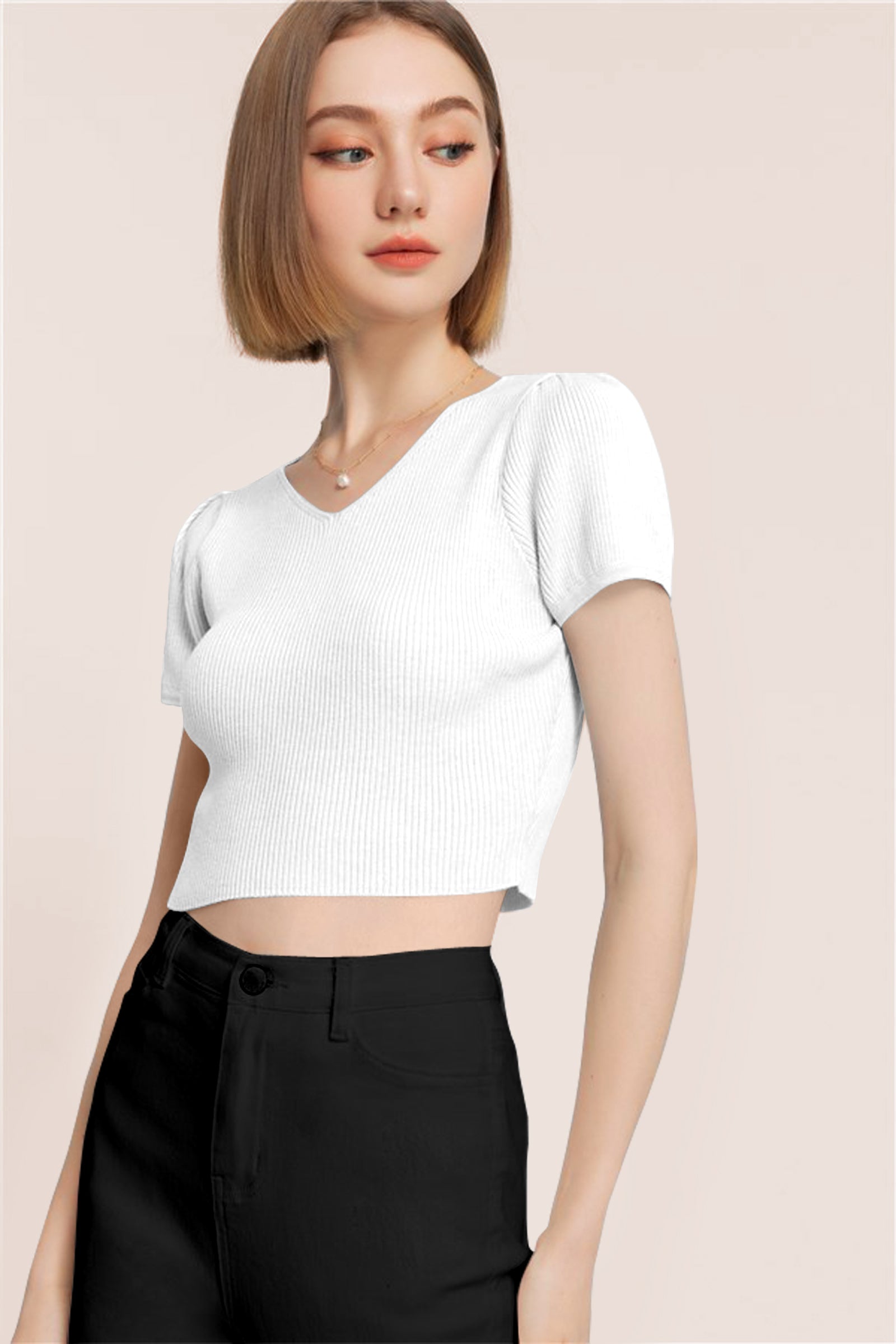 Women’s Ribbed V-Neck Crop Top – White