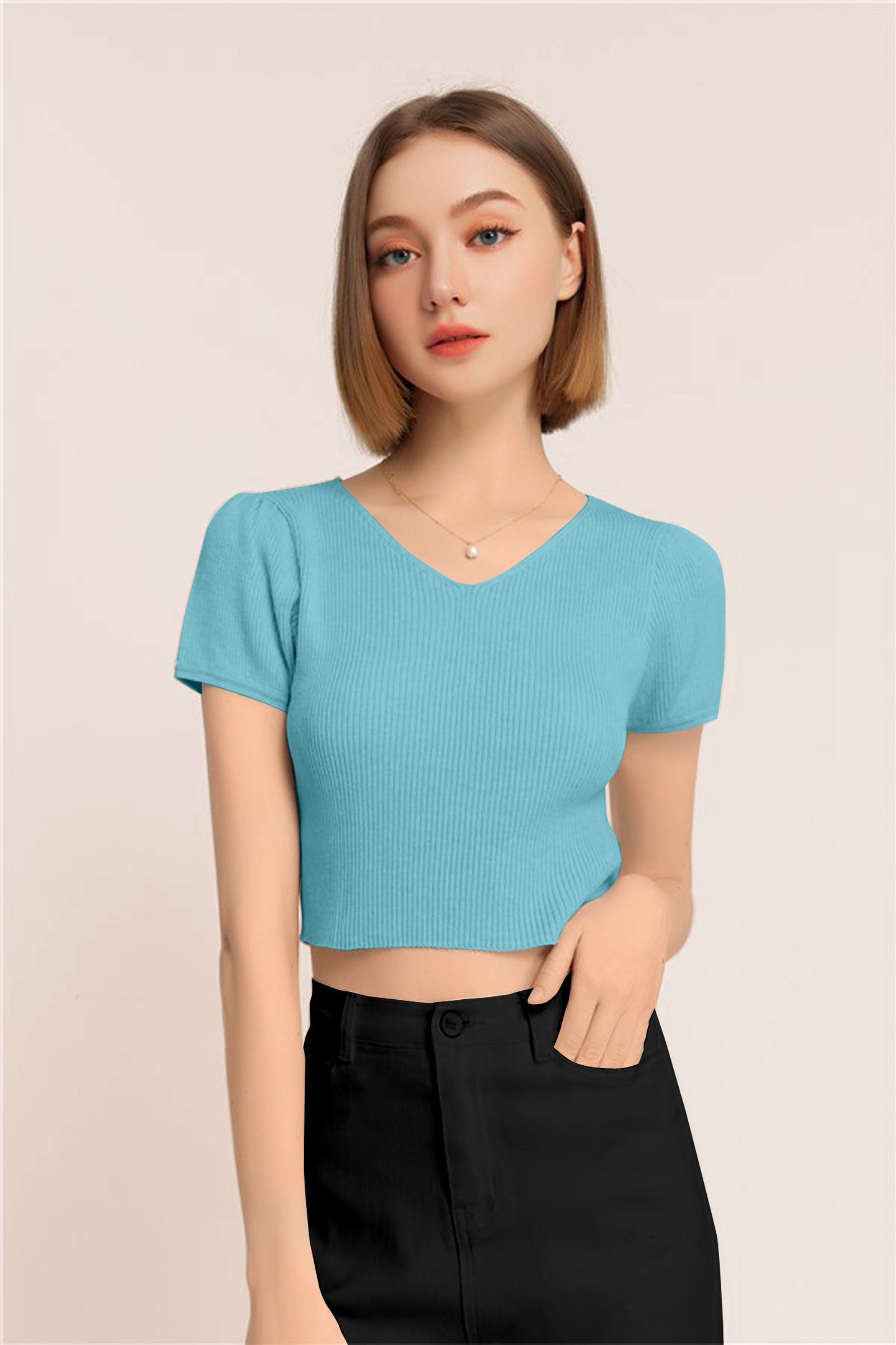 Women’s Ribbed V-Neck Crop Top – Aqua Blue