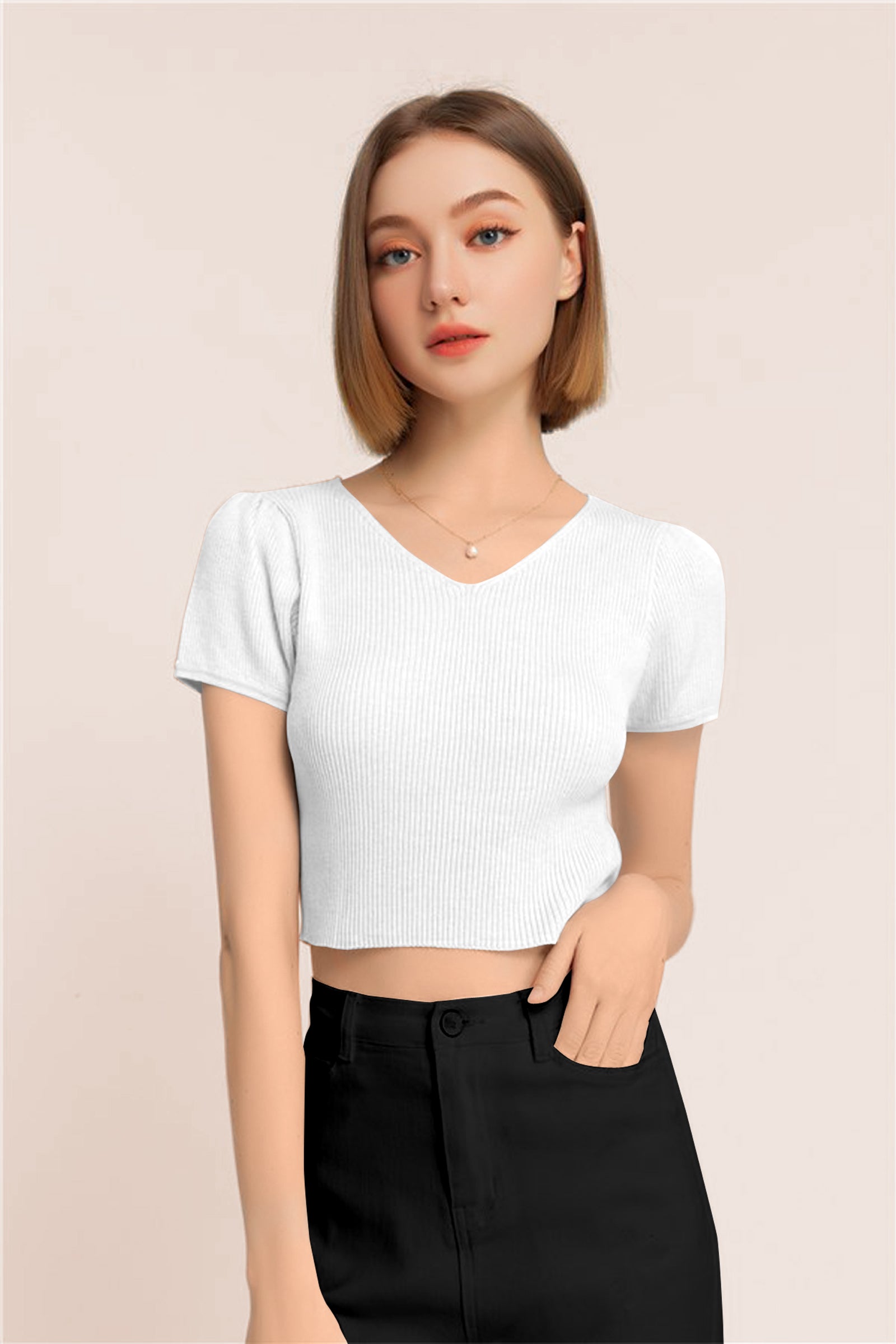 Women’s Ribbed V-Neck Crop Top – White