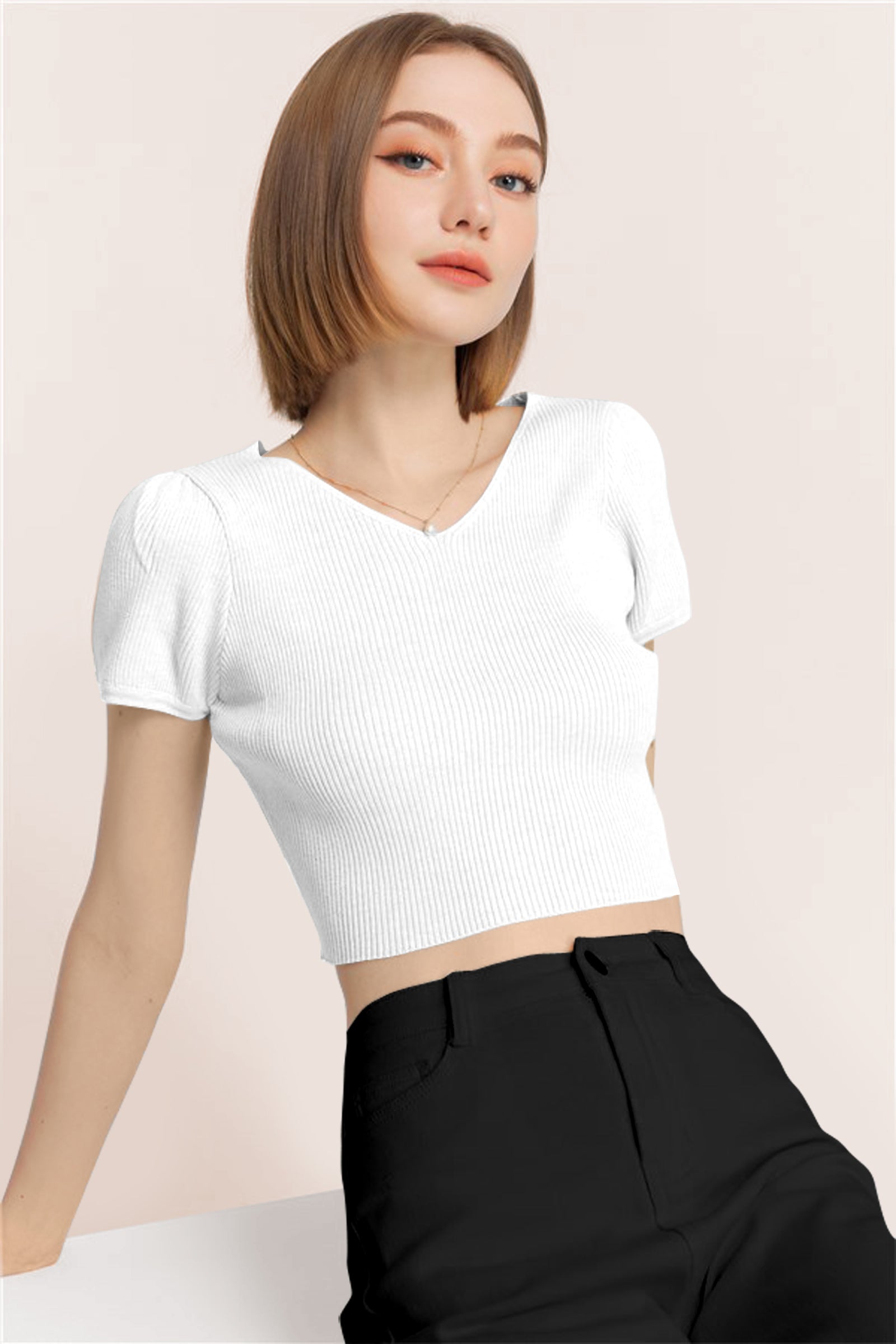 Women’s Ribbed V-Neck Crop Top – Grey