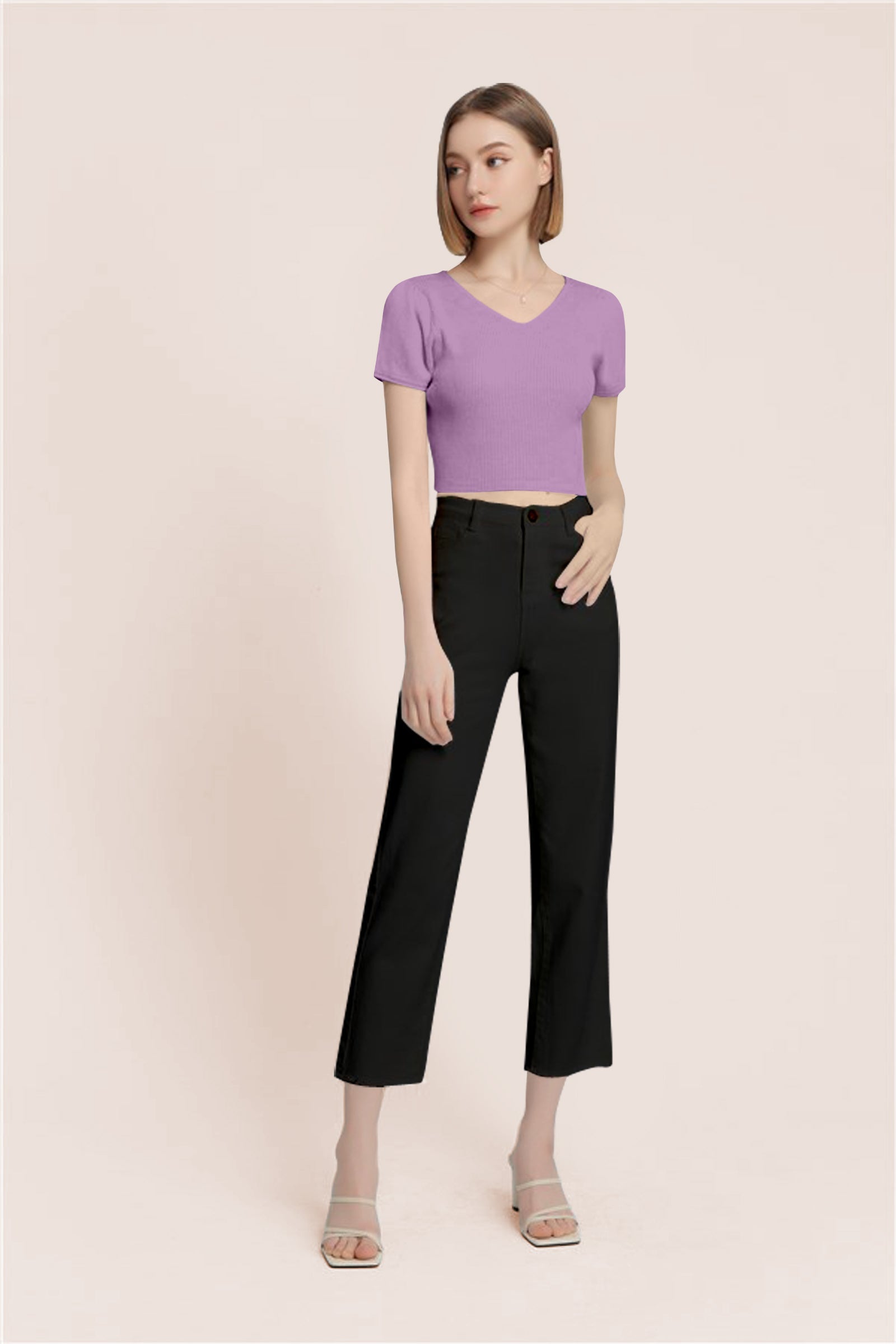 Women’s Ribbed V-Neck Crop Top – Lavender