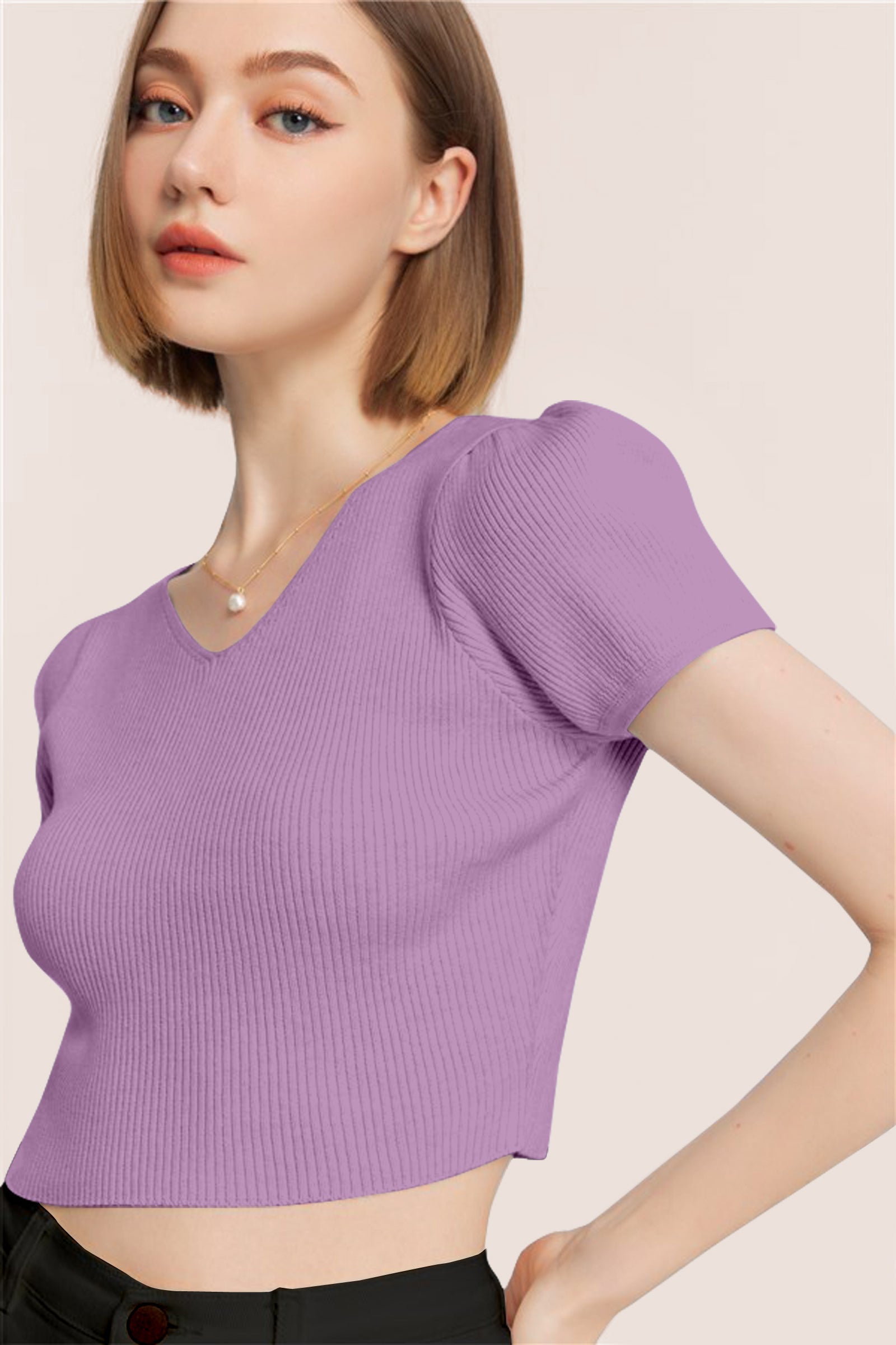 Women’s Ribbed V-Neck Crop Top – Lavender