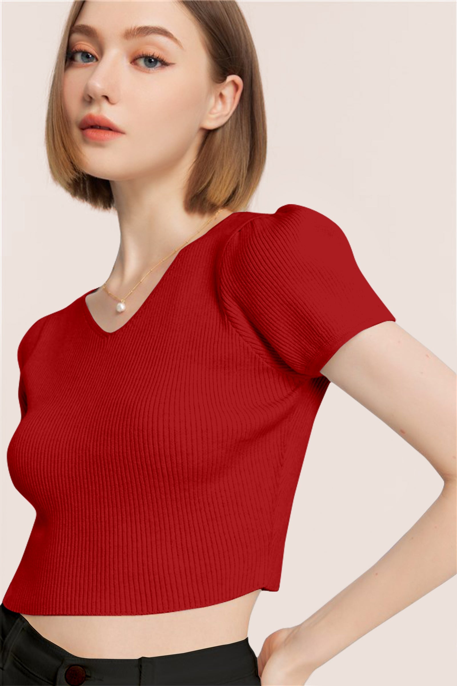 Women’s Ribbed V-Neck Crop Top – Deep Red