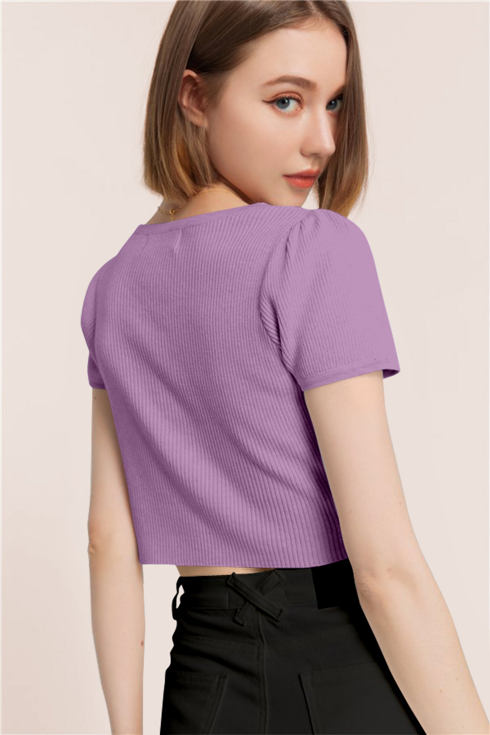 Women’s Ribbed V-Neck Crop Top – Lavender