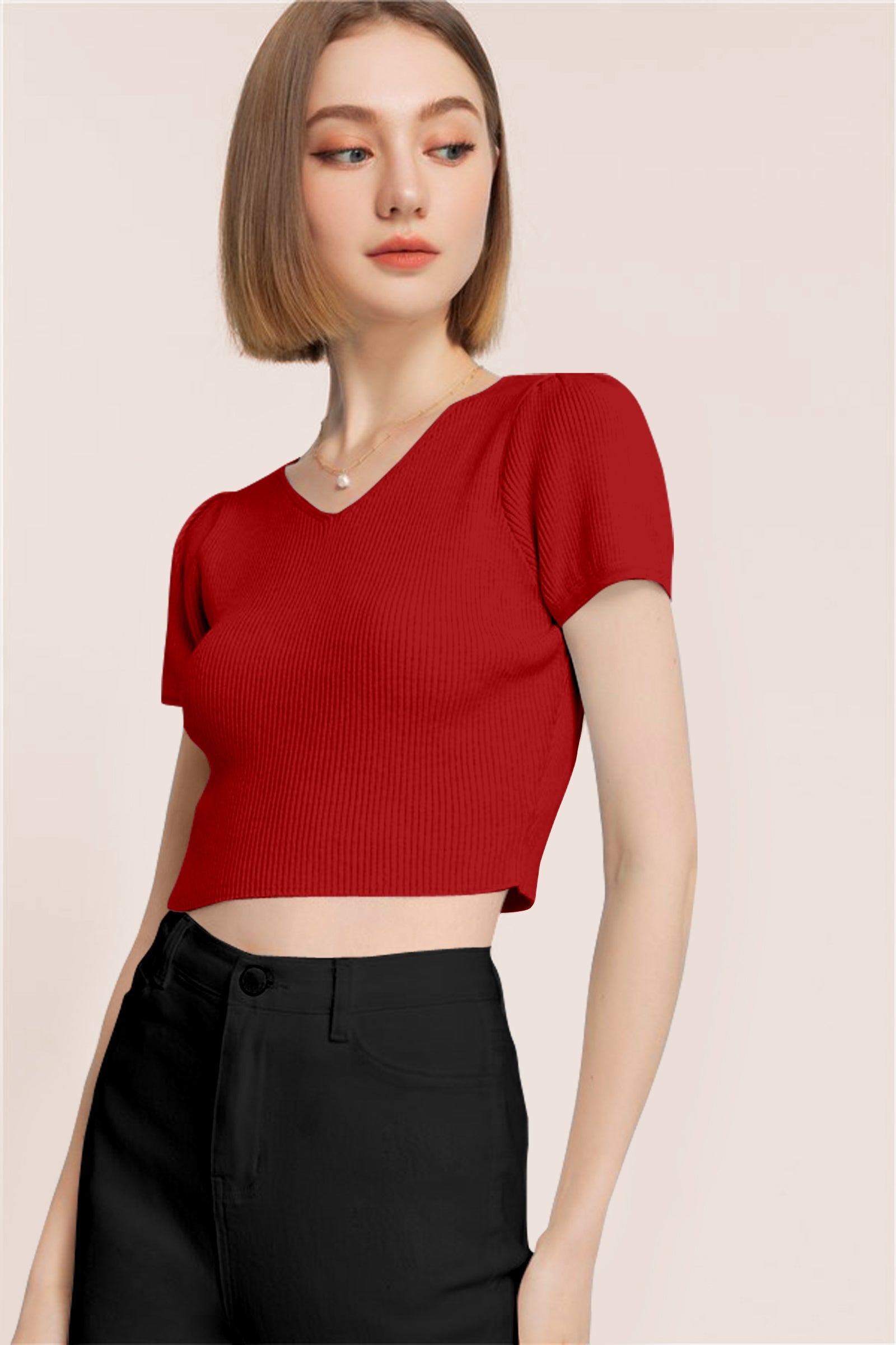 Women’s Ribbed V-Neck Crop Top – Deep Red