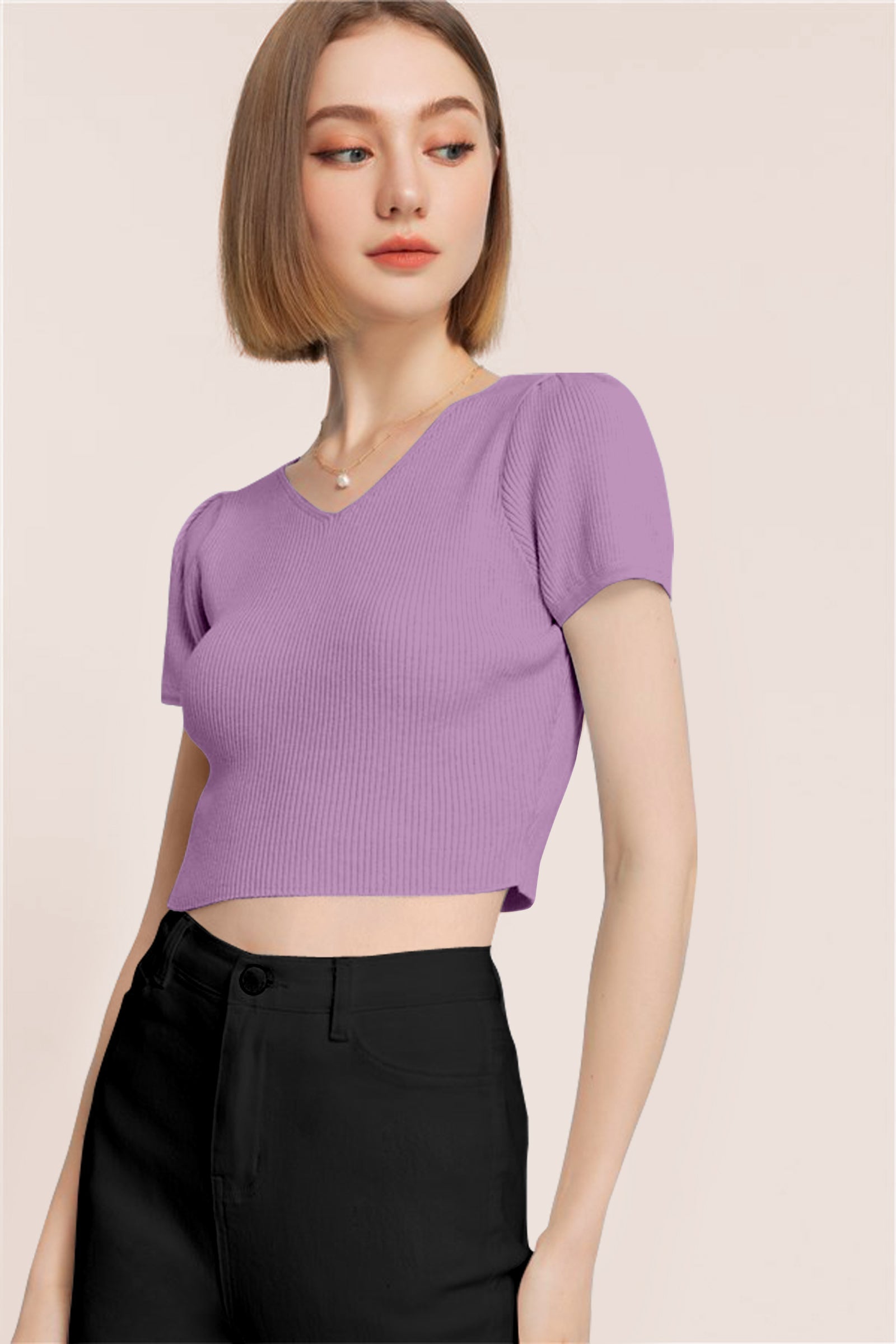 Women’s Ribbed V-Neck Crop Top – Lavender