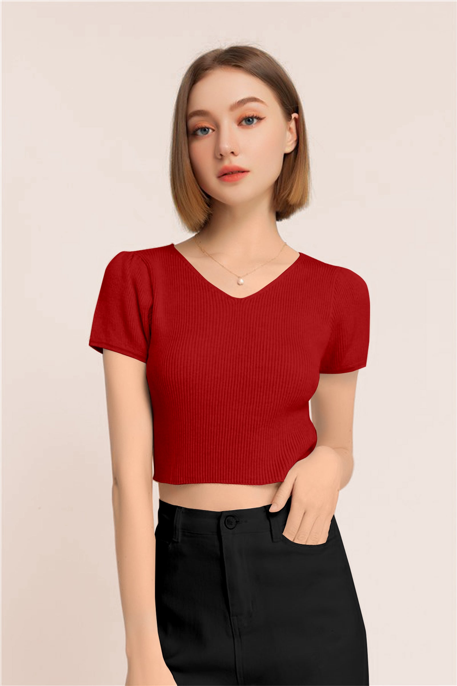 Women’s Ribbed V-Neck Crop Top – Grey