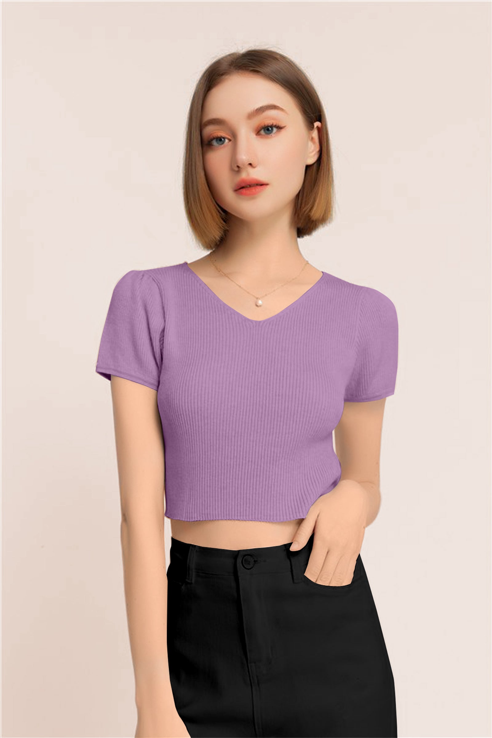 Women’s Ribbed V-Neck Crop Top – Grey
