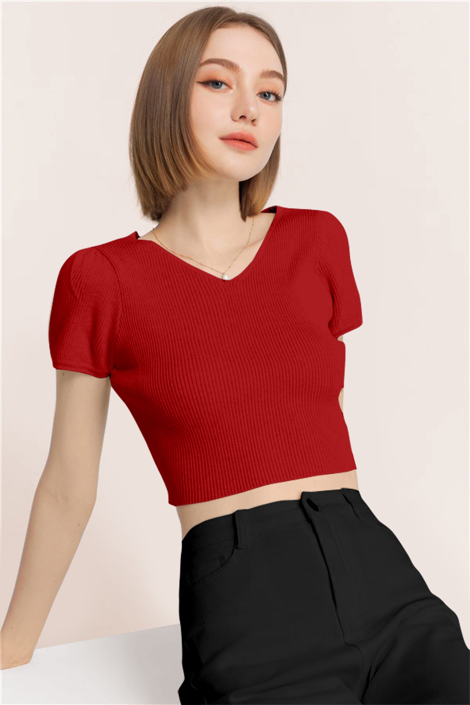 Women’s Ribbed V-Neck Crop Top – Grey