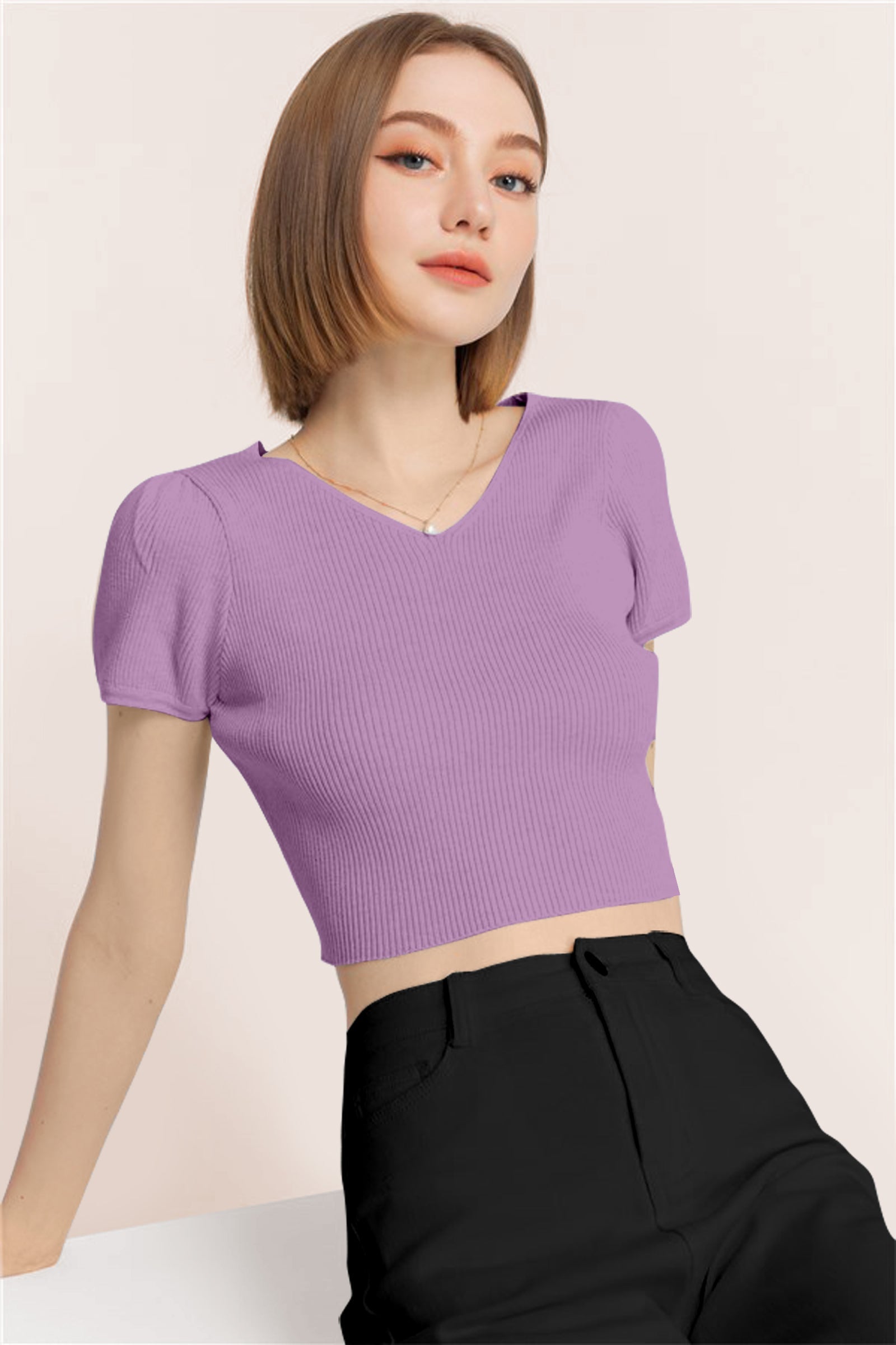 Women’s Ribbed V-Neck Crop Top – Lavender