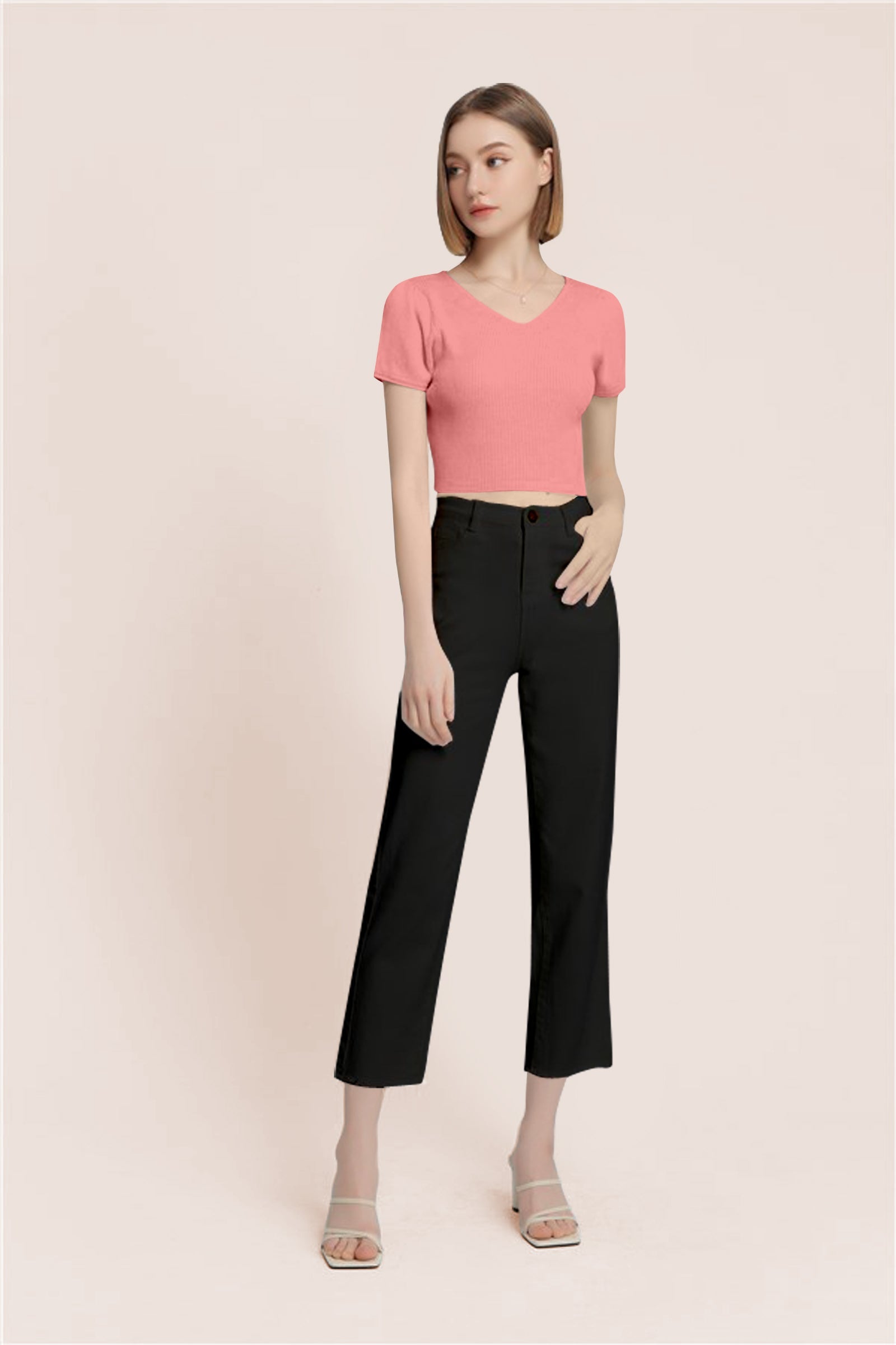 Women’s Ribbed V-Neck Crop Top – Baby Pink
