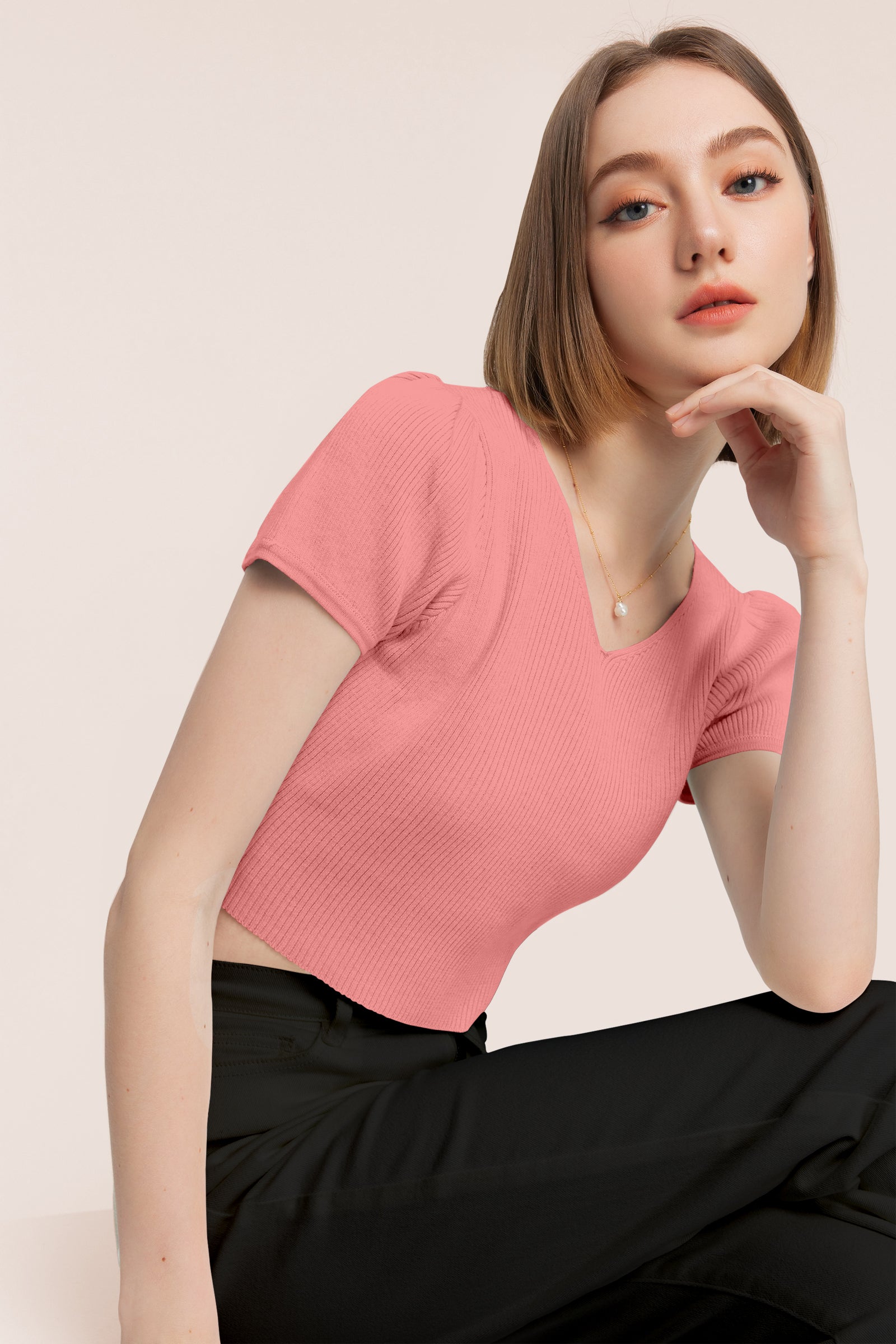Women’s Ribbed V-Neck Crop Top – Grey