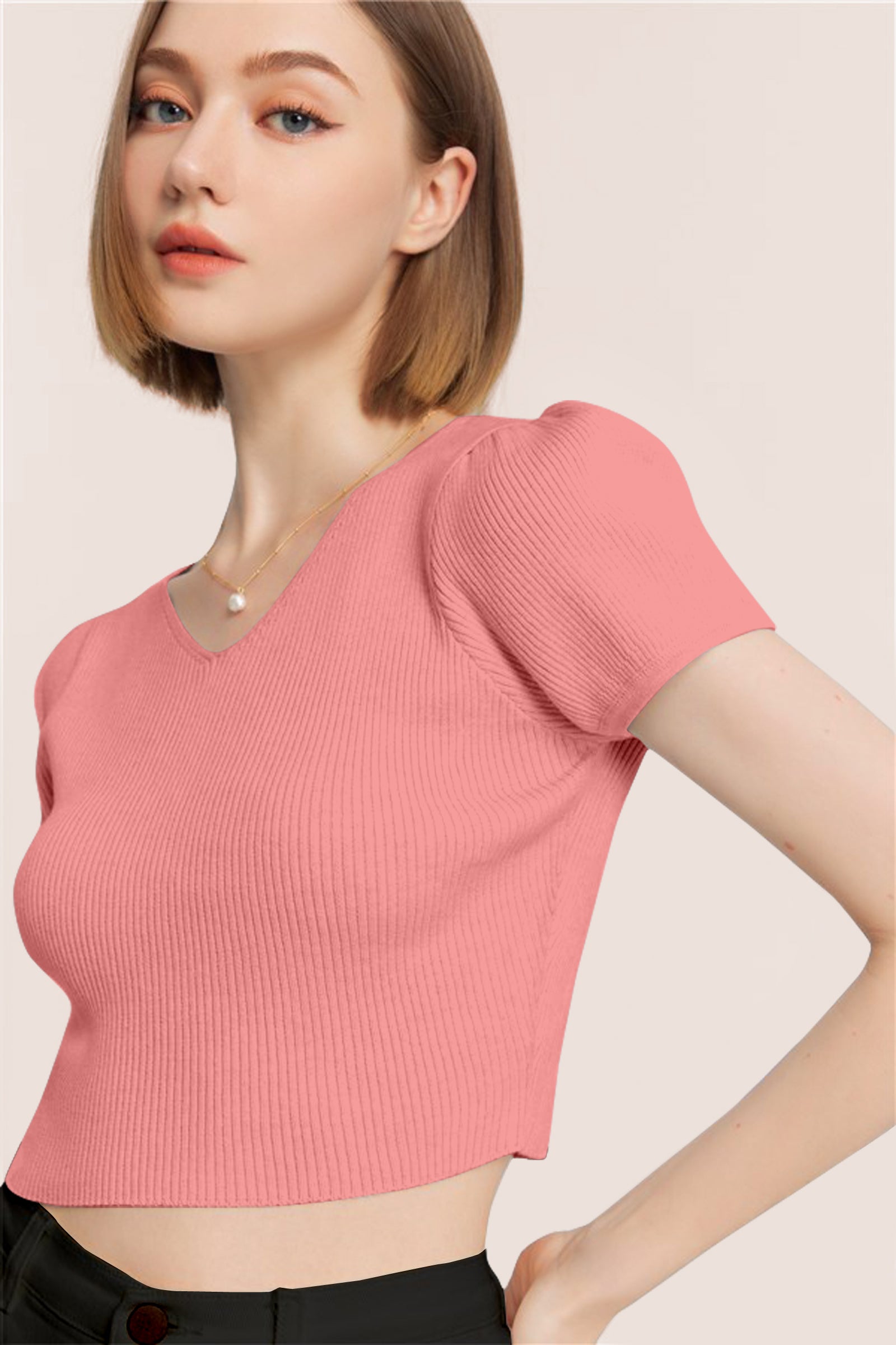 Women’s Ribbed V-Neck Crop Top – Grey