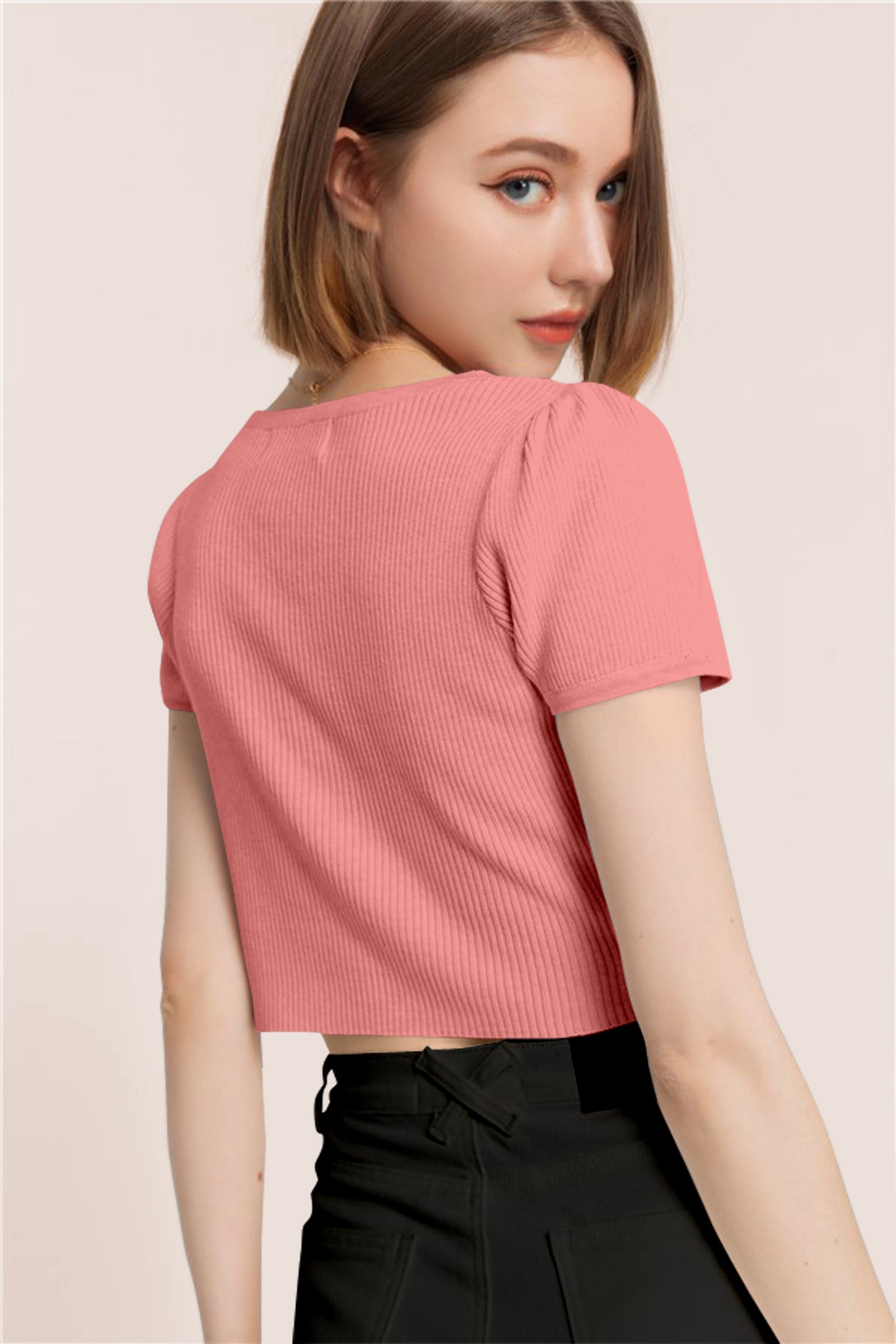 Women’s Ribbed V-Neck Crop Top – Baby Pink