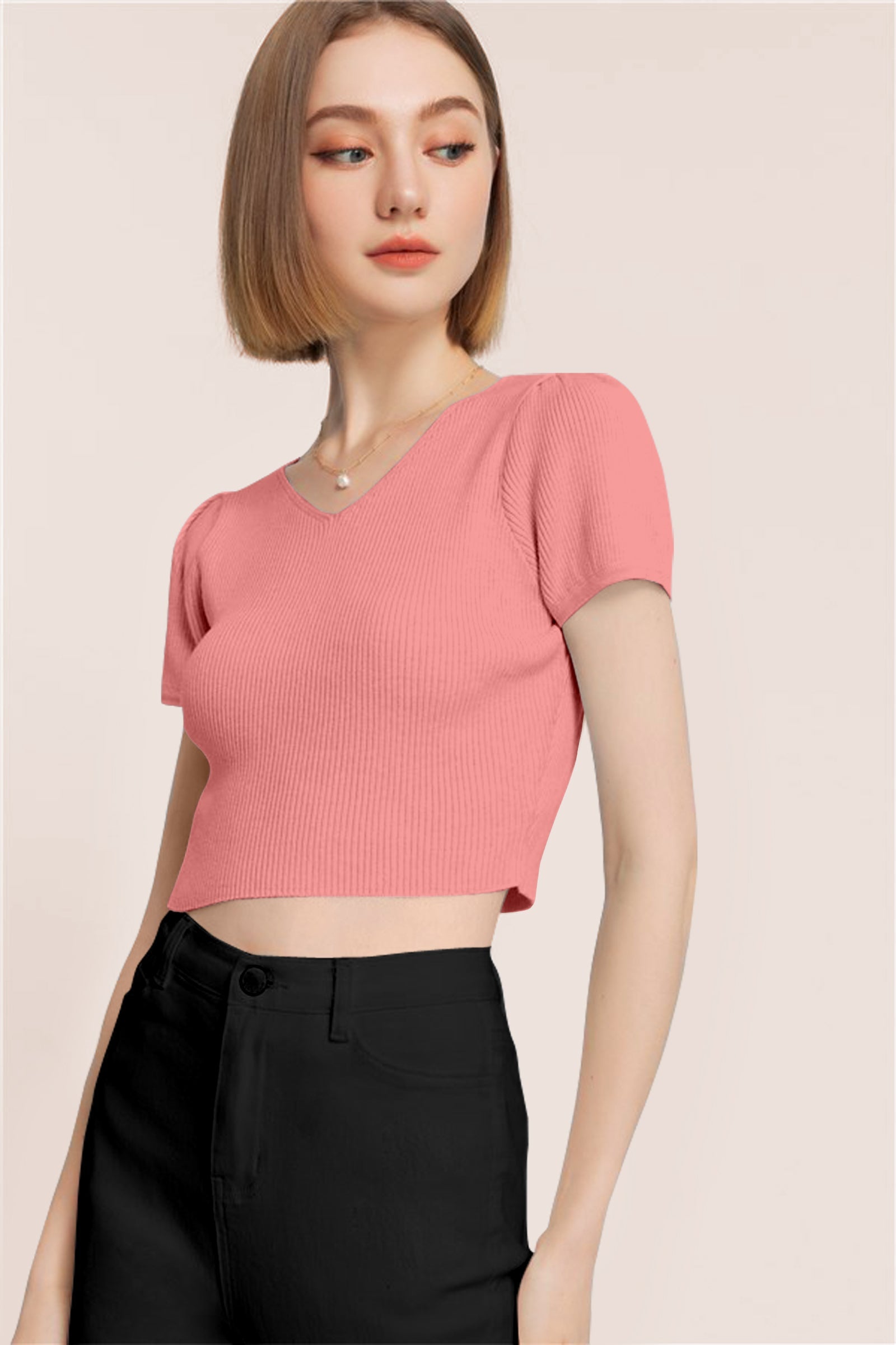 Women’s Ribbed V-Neck Crop Top – Baby Pink