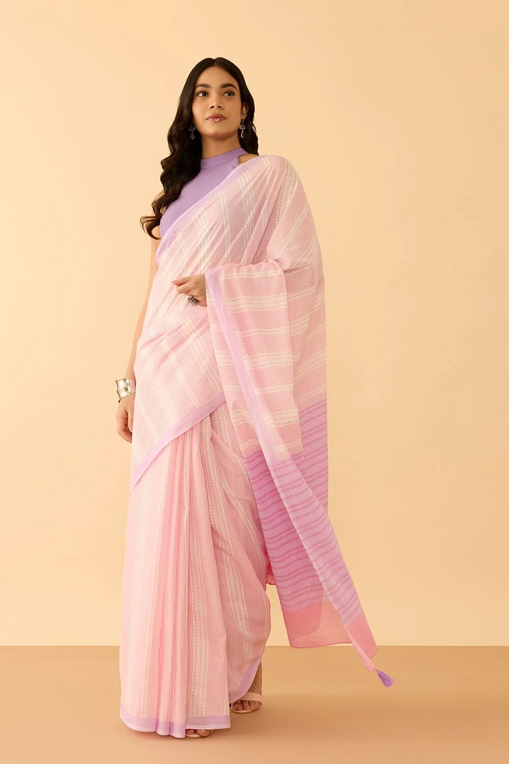 White Floral Printed Cotton Saree with Peach Border