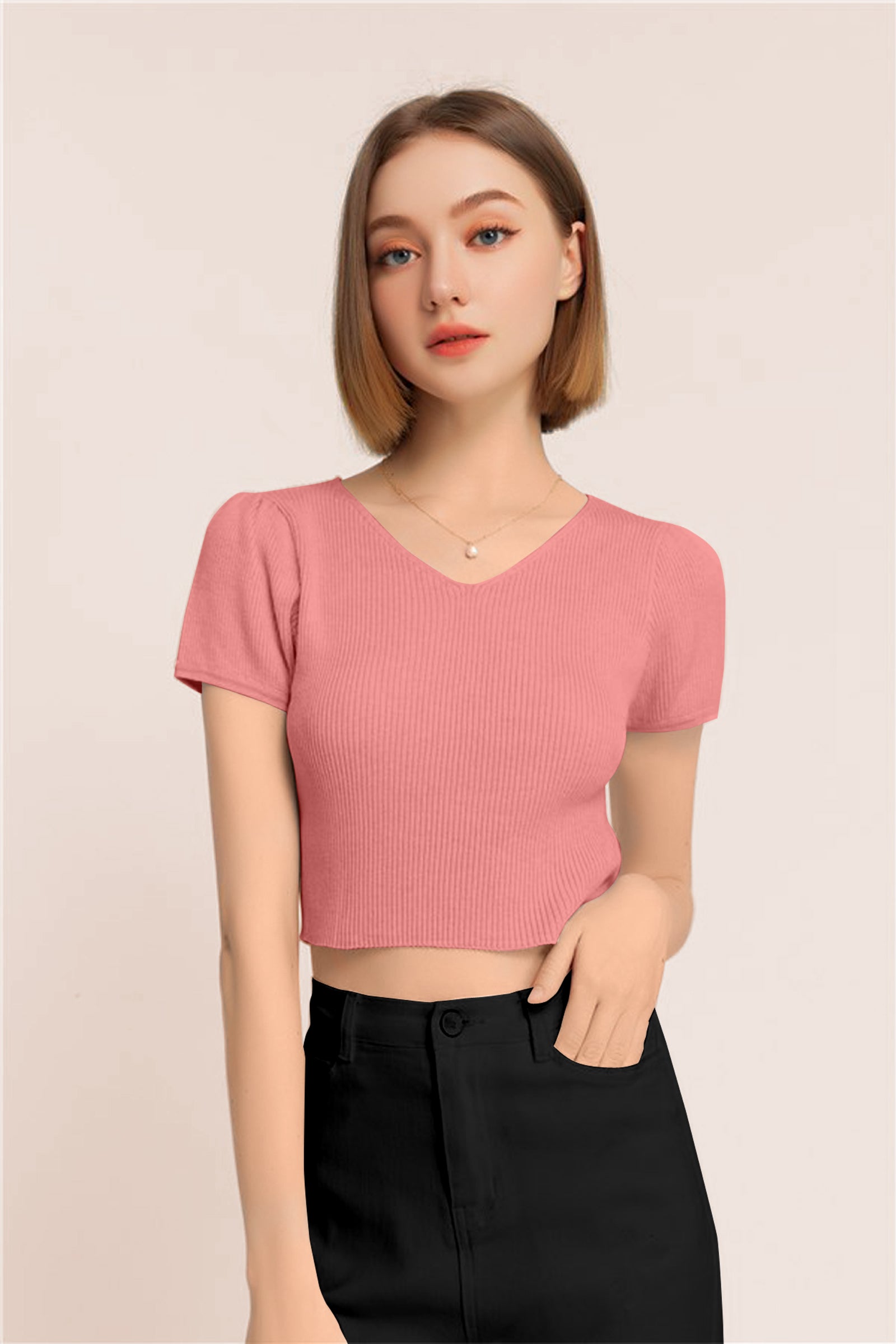 Women’s Ribbed V-Neck Crop Top – Grey