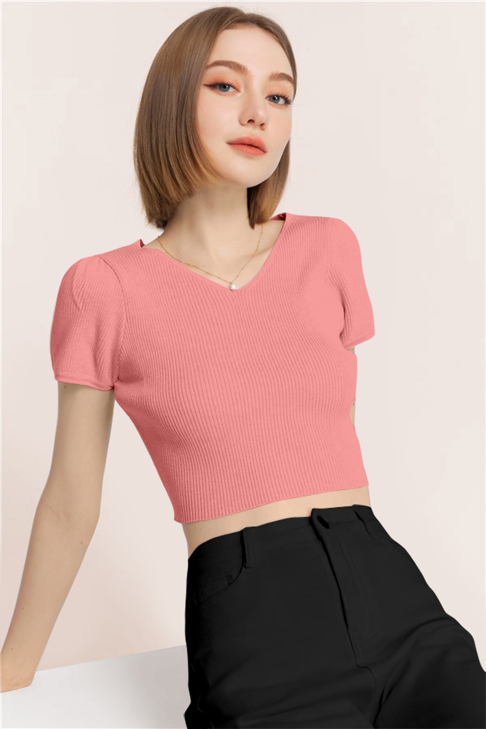 Women’s Ribbed V-Neck Crop Top – Baby Pink