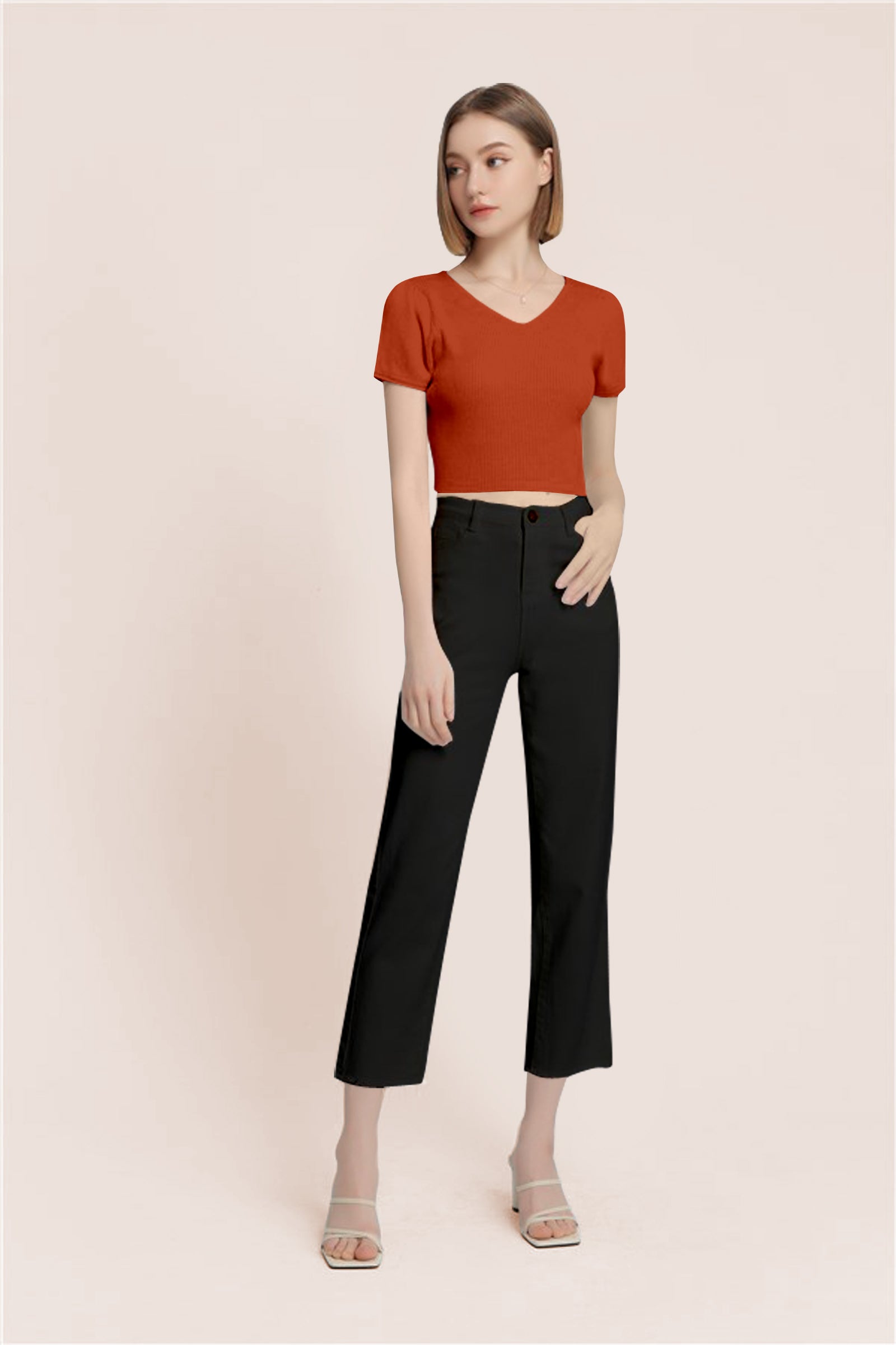 Women’s Ribbed V-Neck Crop Top – Grey