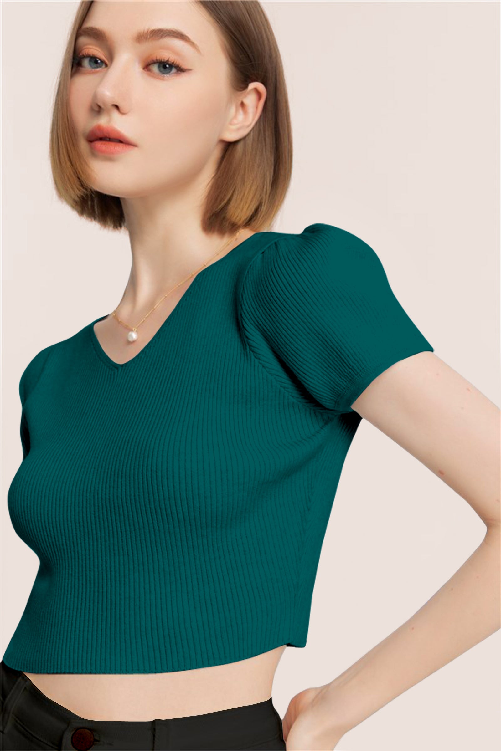 Women’s Ribbed V-Neck Crop Top – Grey