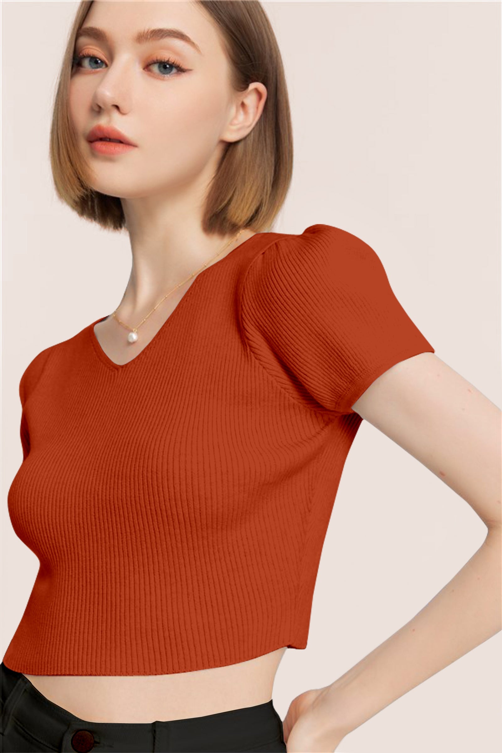 Women’s Ribbed V-Neck Crop Top – Rust Orange