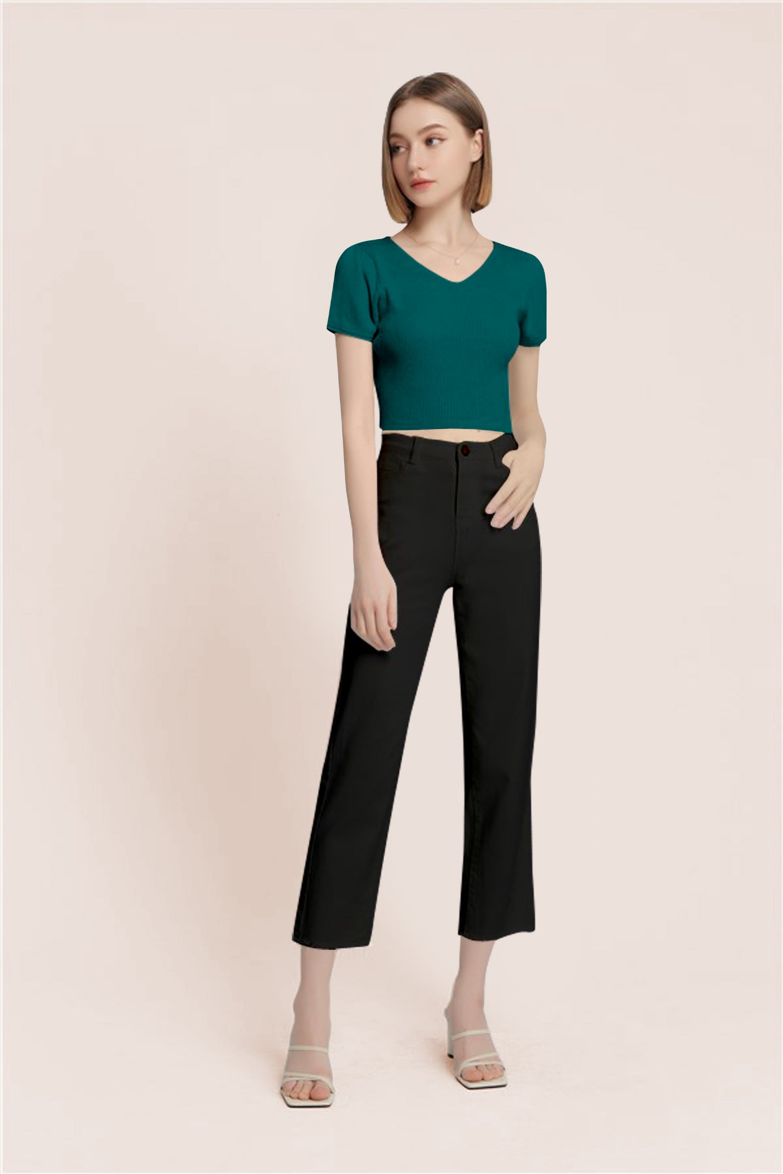 Women’s Ribbed V-Neck Crop Top – Teal Green