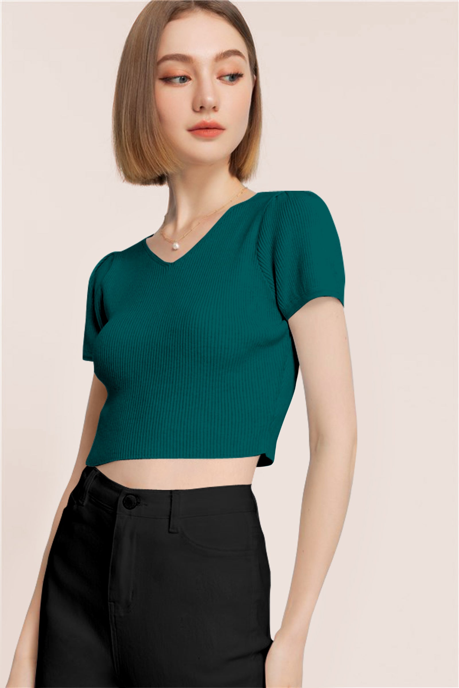 Women’s Ribbed V-Neck Crop Top – Grey