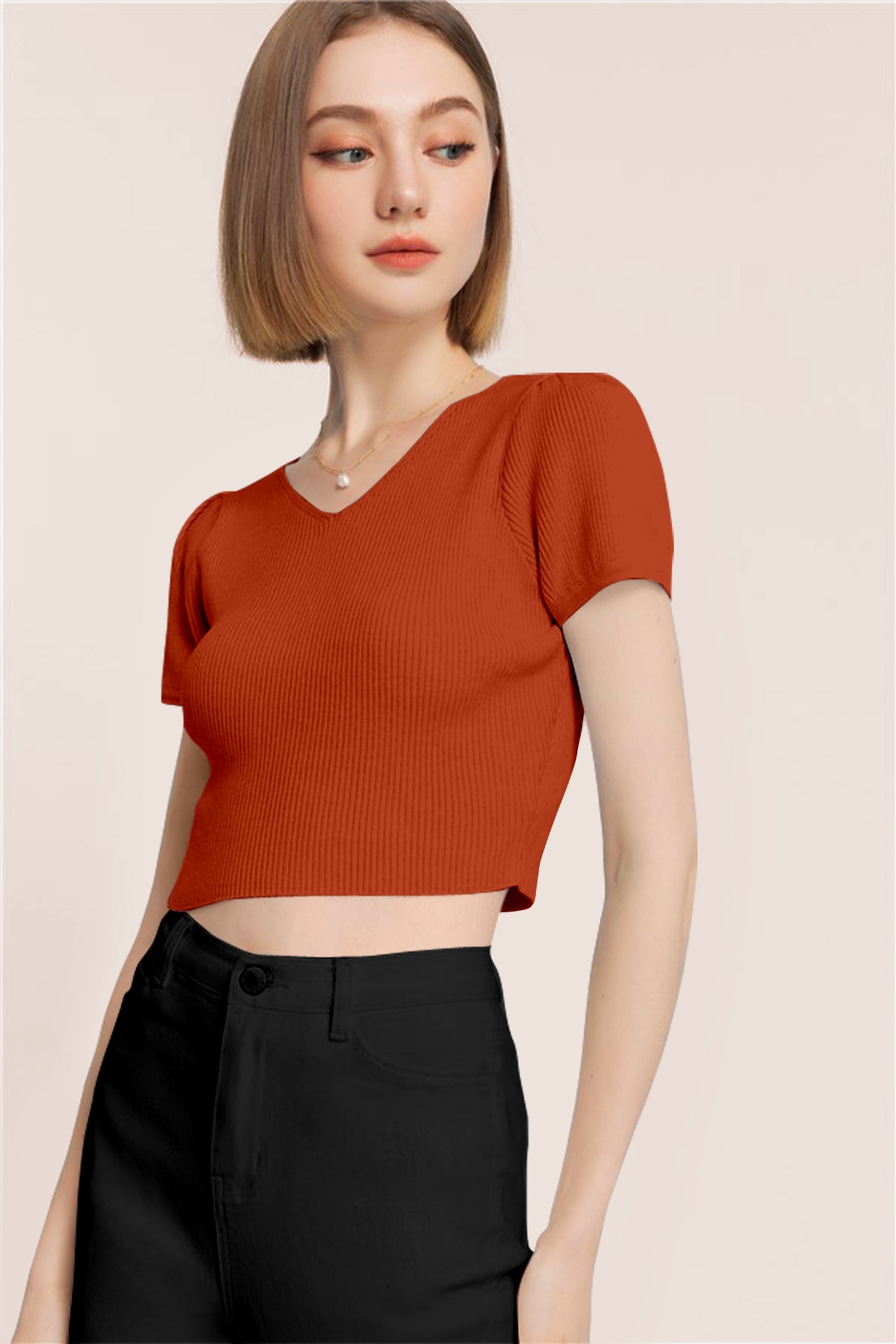 Women’s Ribbed V-Neck Crop Top – Rust Orange