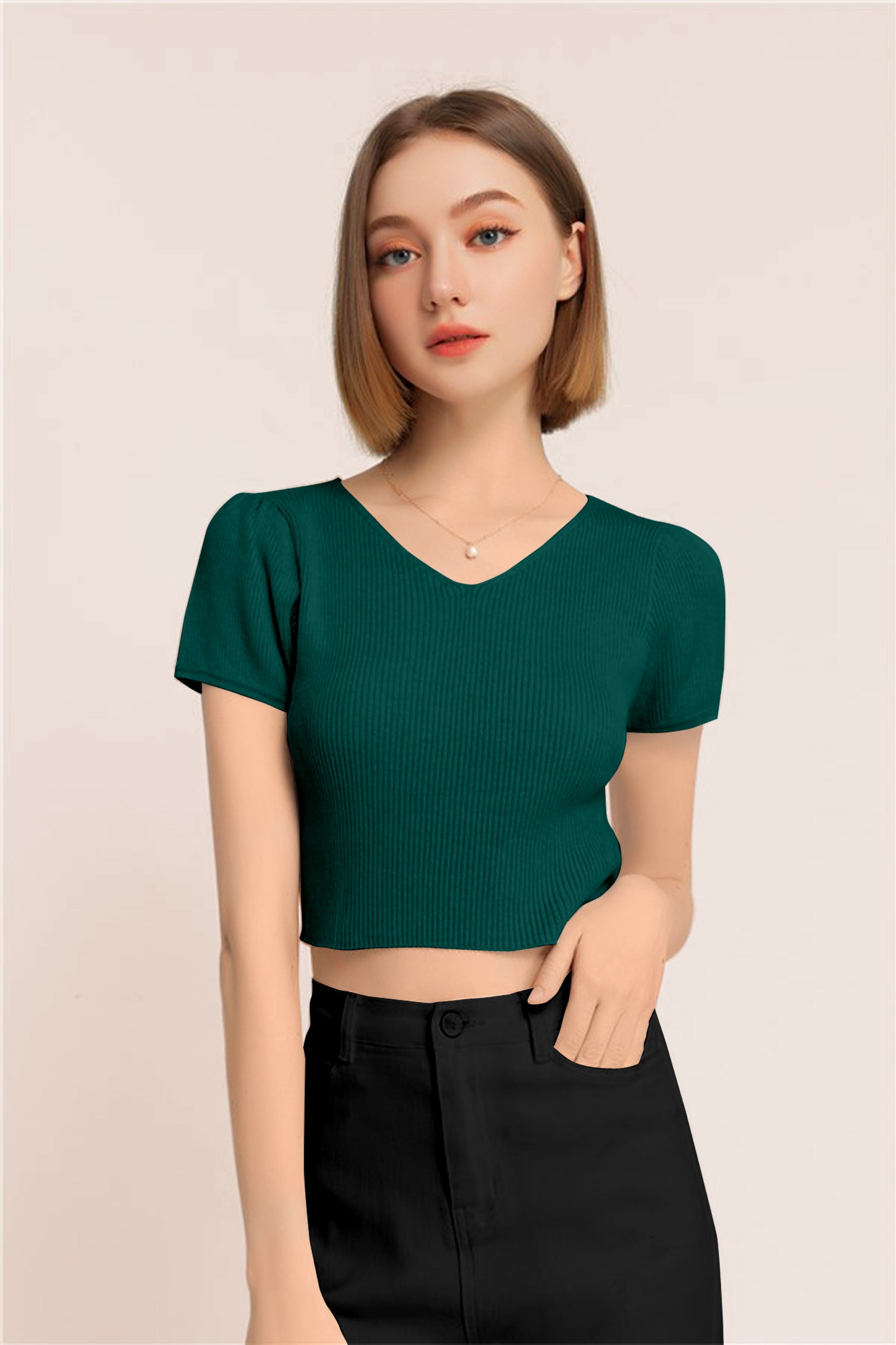 Women’s Ribbed V-Neck Crop Top – Grey