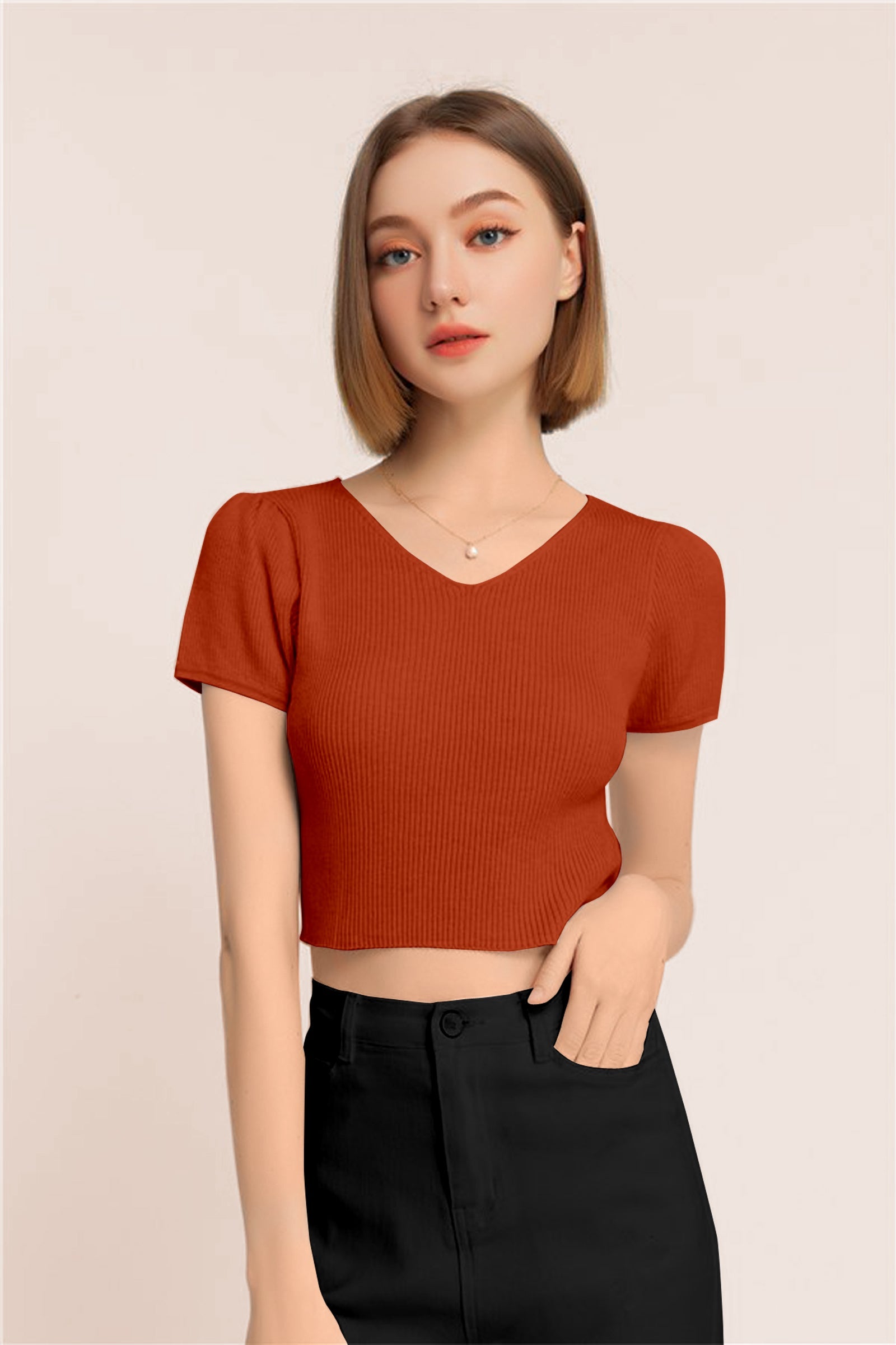 Women’s Ribbed V-Neck Crop Top – Rust Orange