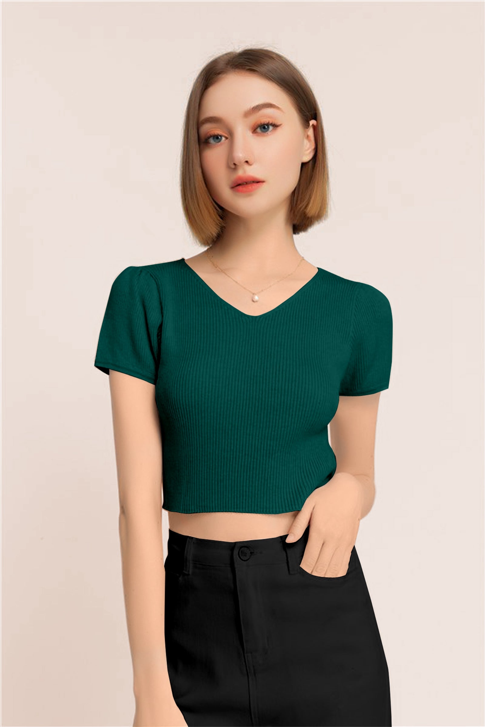 Women’s Ribbed V-Neck Crop Top – Teal Green