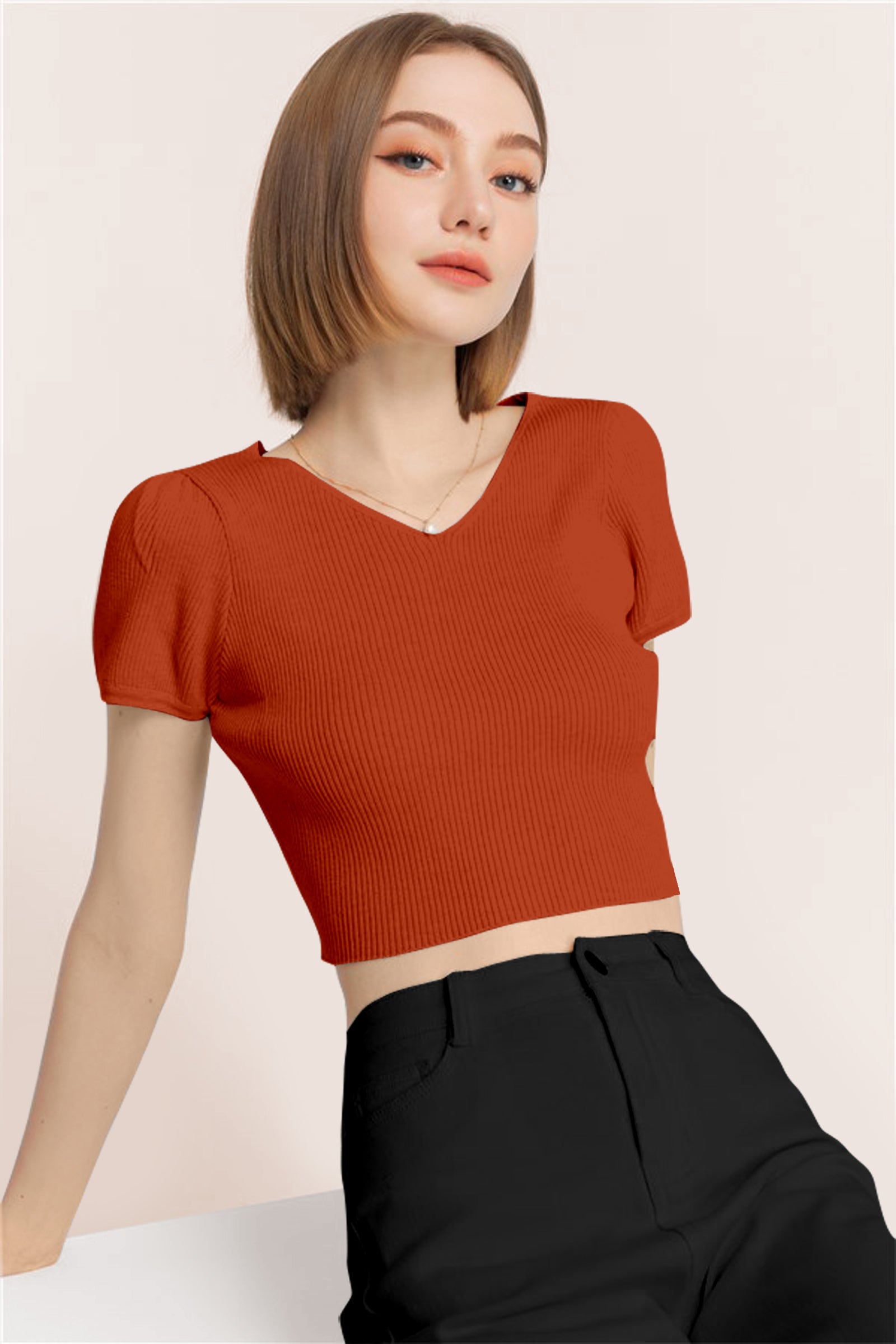 Women’s Ribbed V-Neck Crop Top – Grey