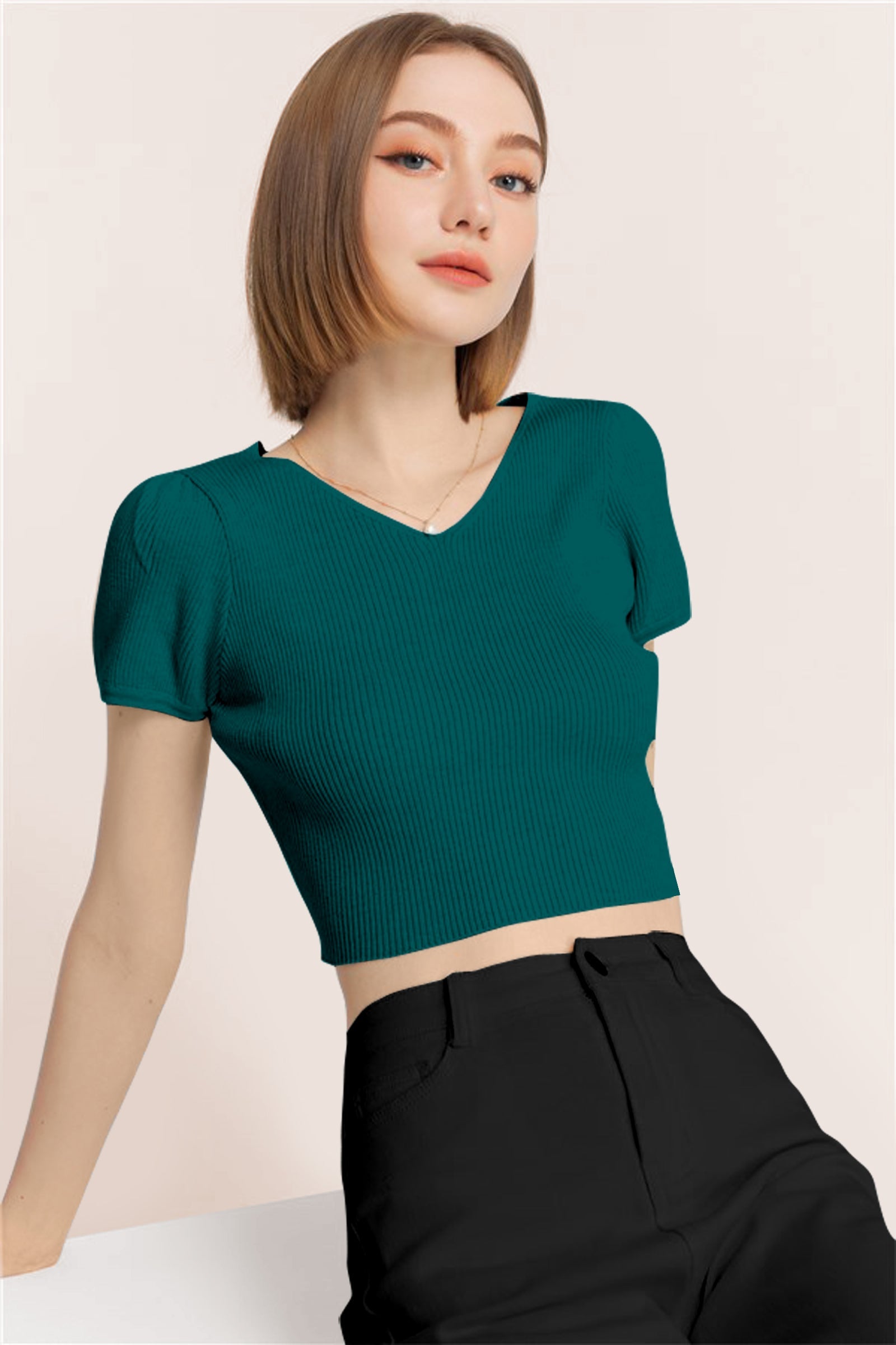 Women’s Ribbed V-Neck Crop Top – Teal Green