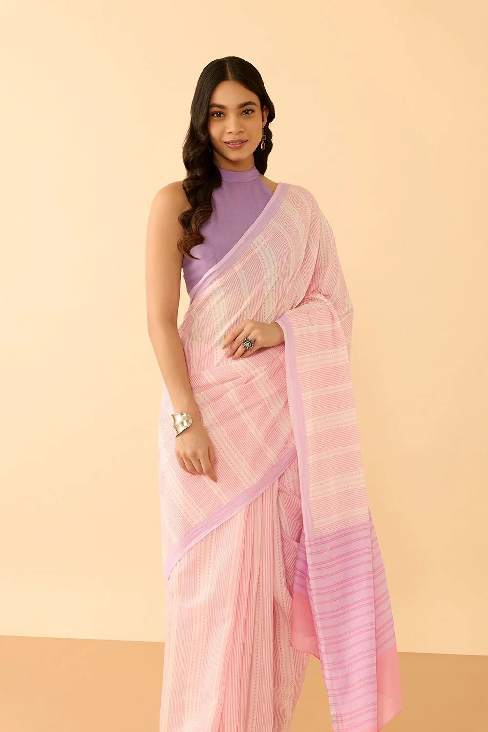 White Floral Printed Cotton Saree with Peach Border