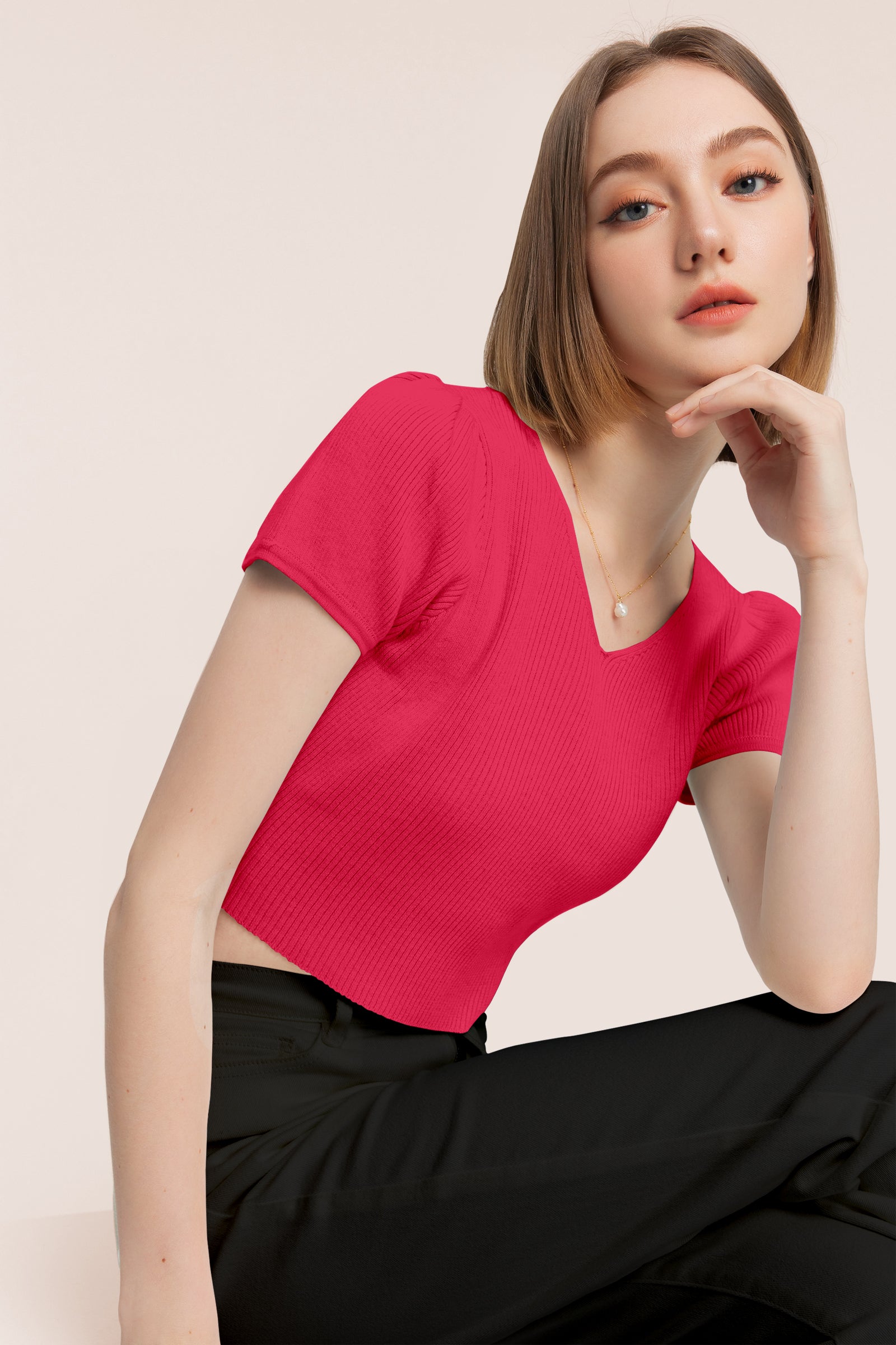 Women’s Ribbed V-Neck Crop Top – Grey