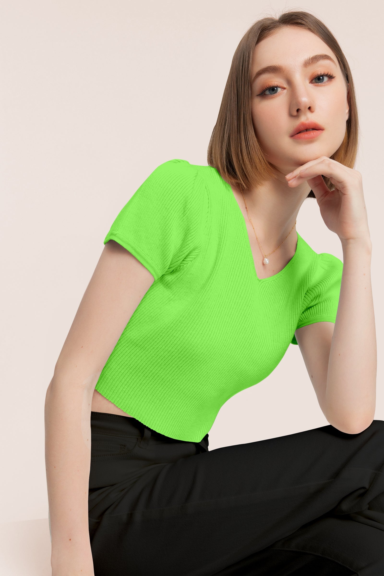 Women’s Ribbed V-Neck Crop Top – Neon Green