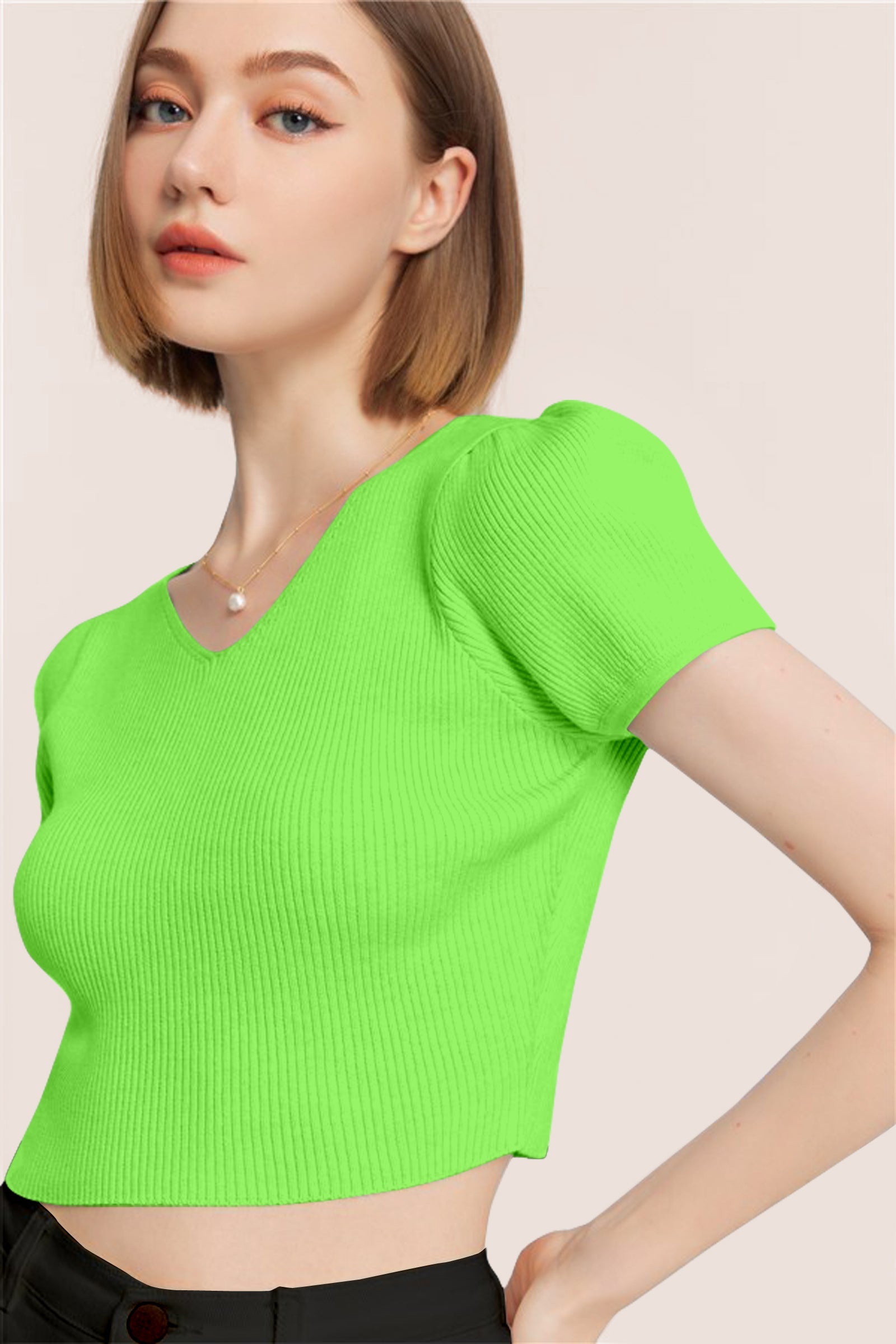 Women’s Ribbed V-Neck Crop Top – Neon Green