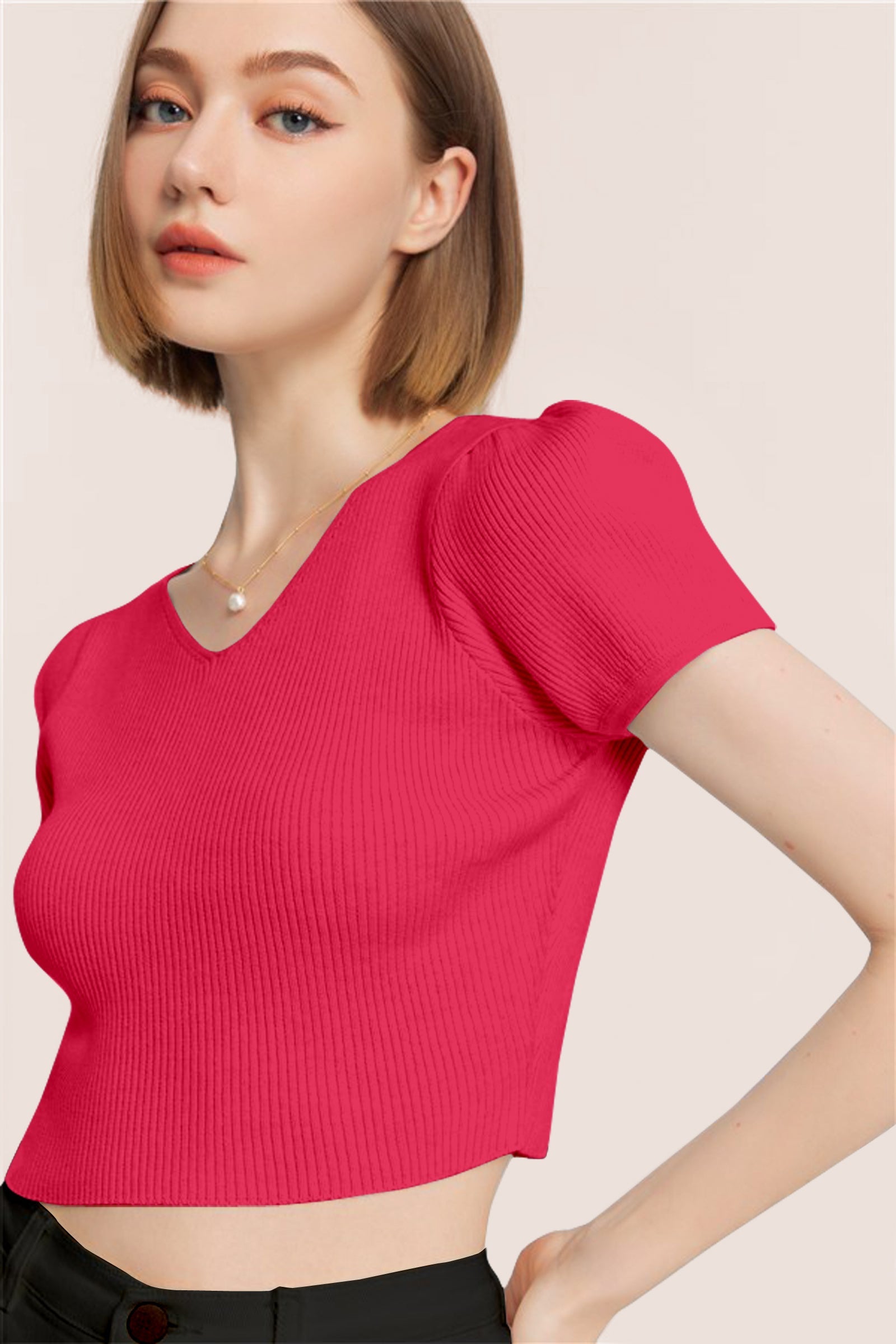 Women’s Ribbed V-Neck Crop Top – Hot Pink