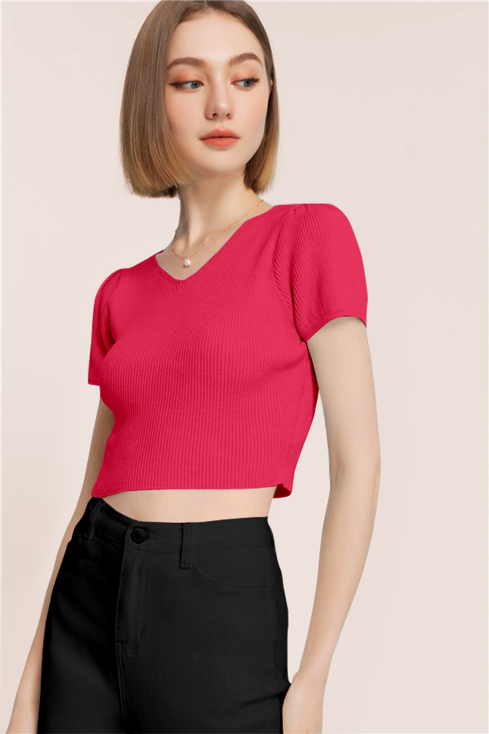 Women’s Ribbed V-Neck Crop Top – Grey