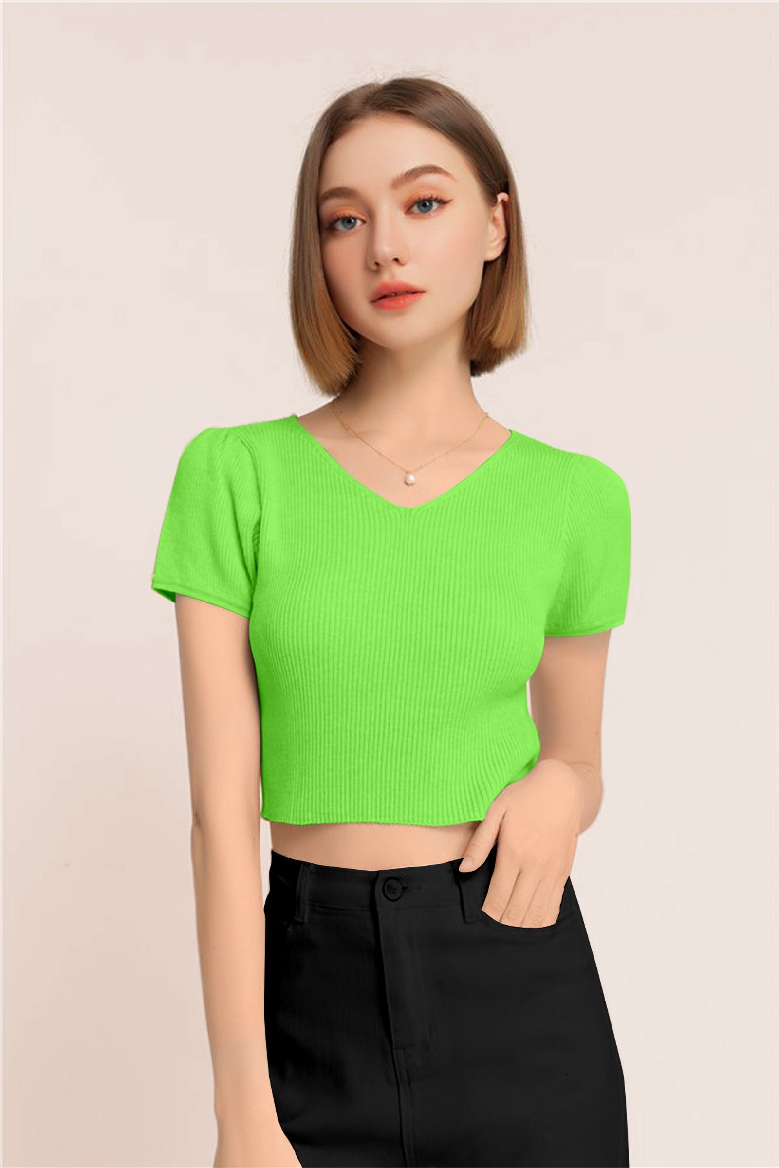Women’s Ribbed V-Neck Crop Top – Neon Green