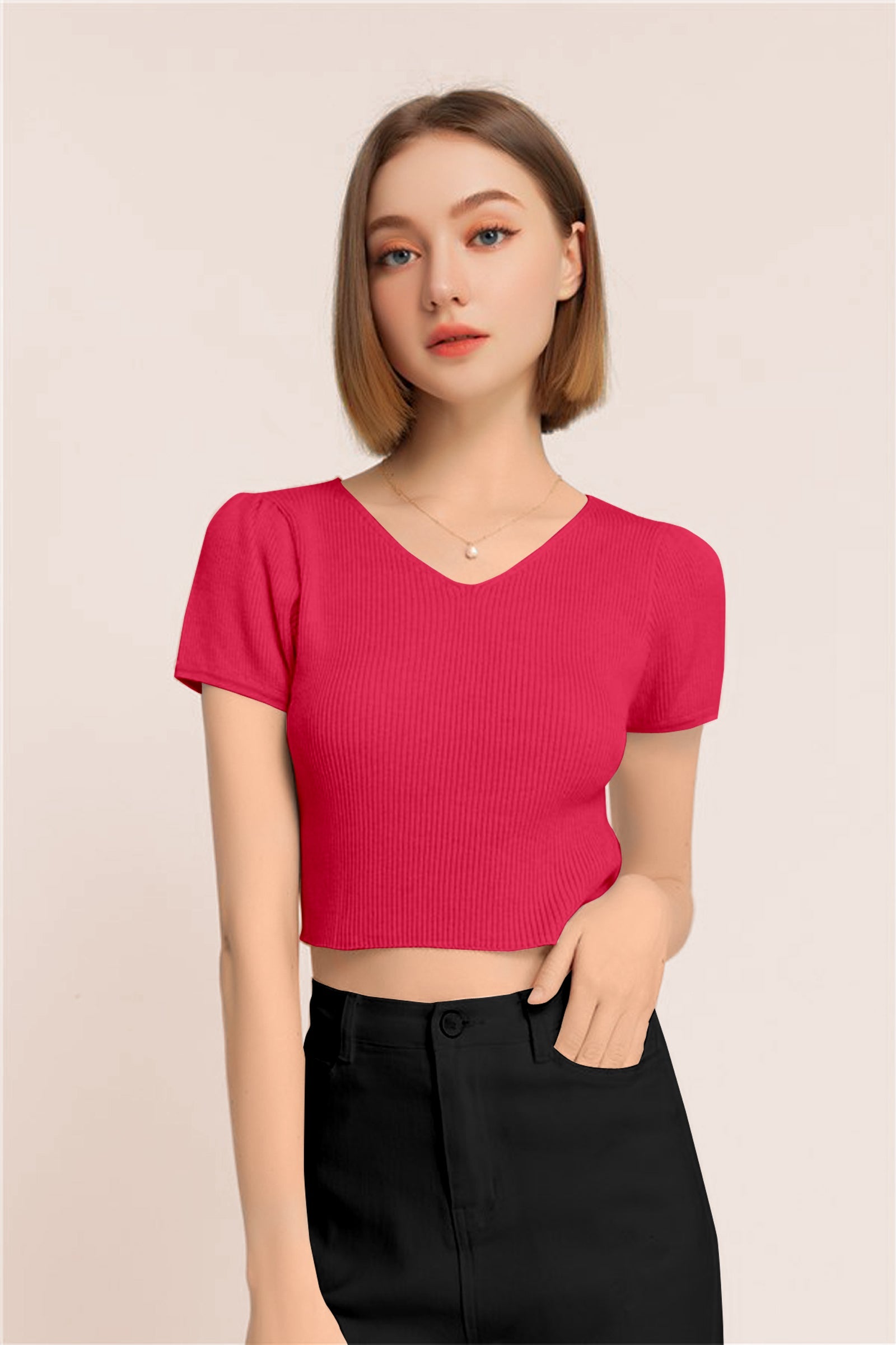 Women’s Ribbed V-Neck Crop Top – Hot Pink