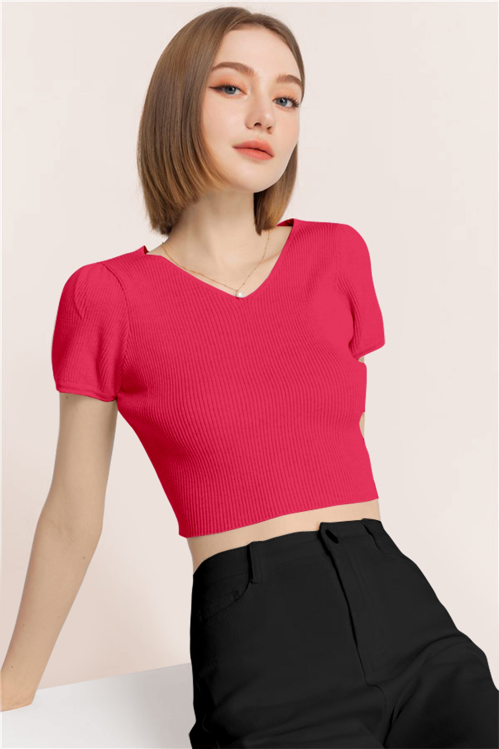 Women’s Ribbed V-Neck Crop Top – Grey