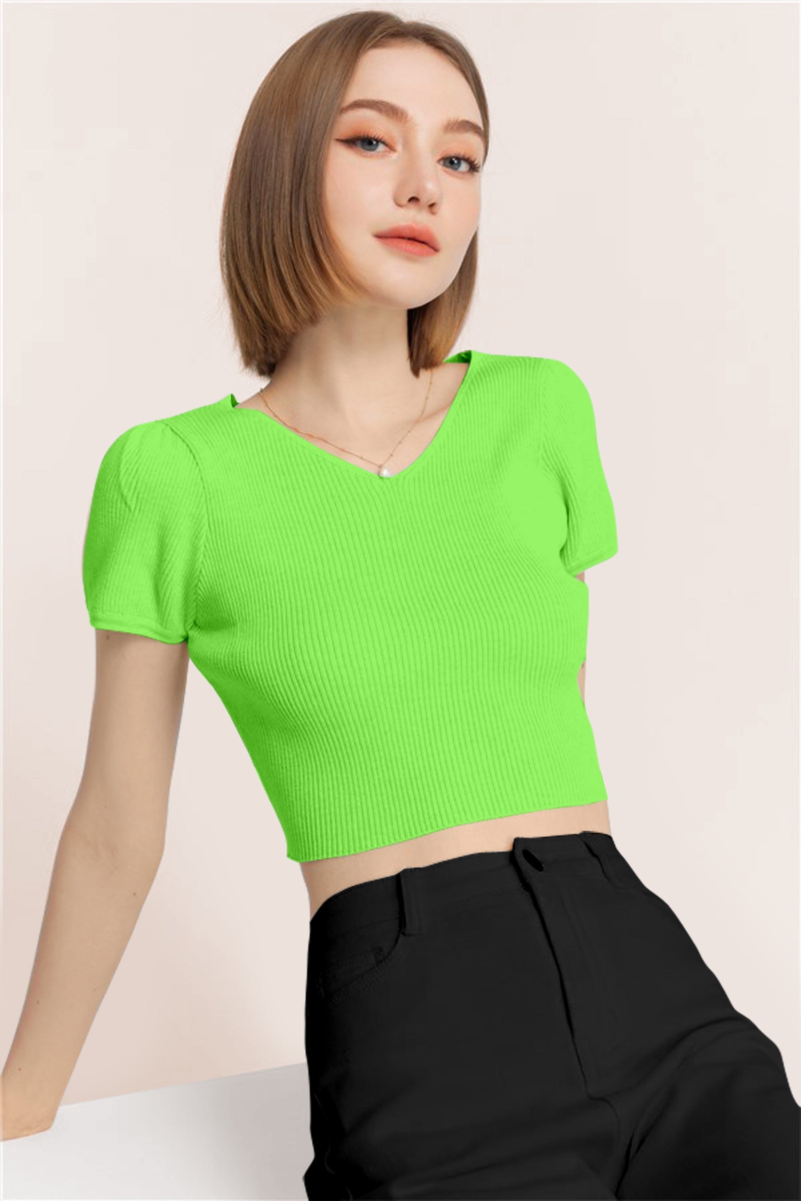 Women’s Ribbed V-Neck Crop Top – Neon Green