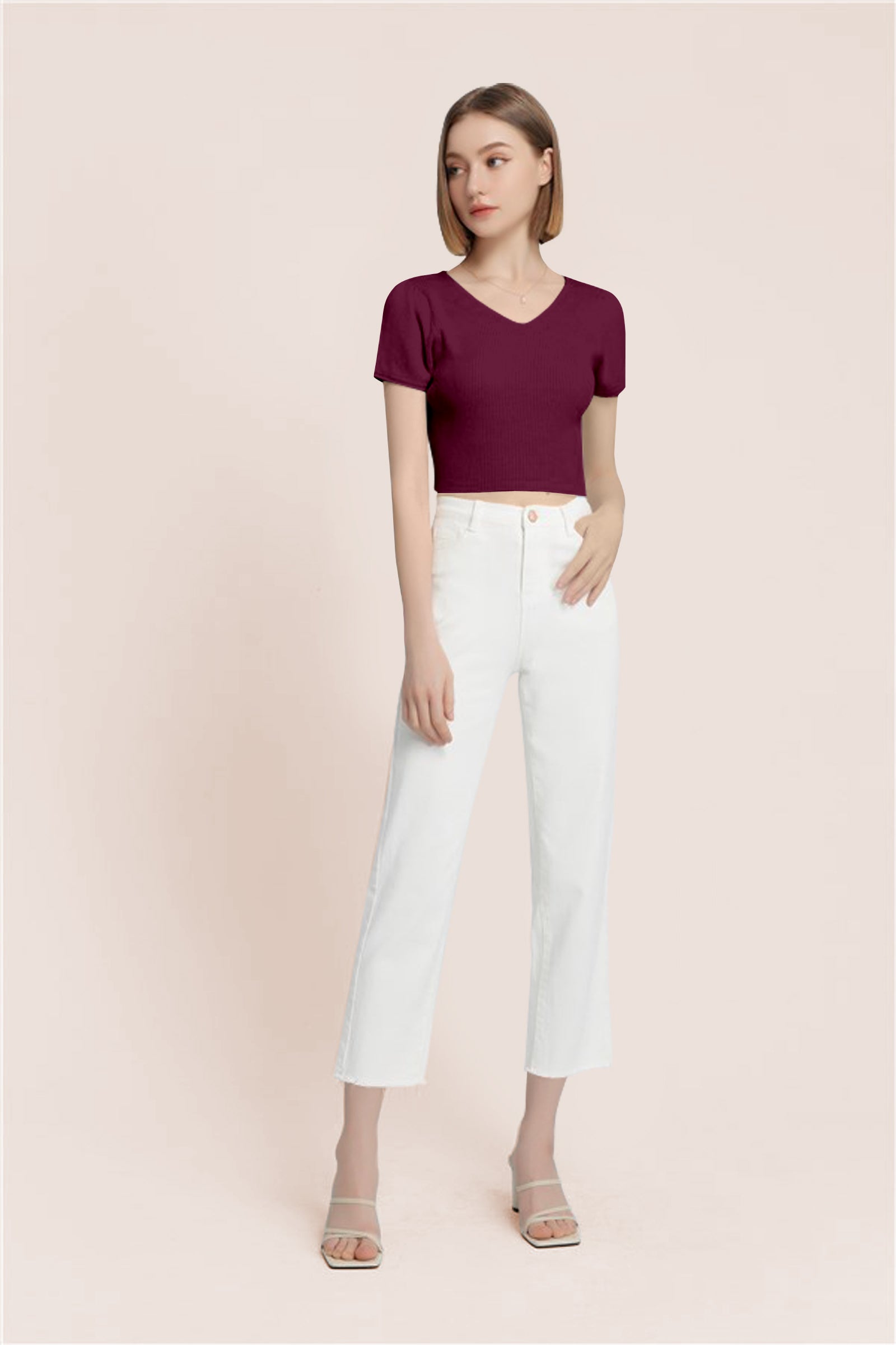 Women’s Ribbed V-Neck Crop Top – Grey